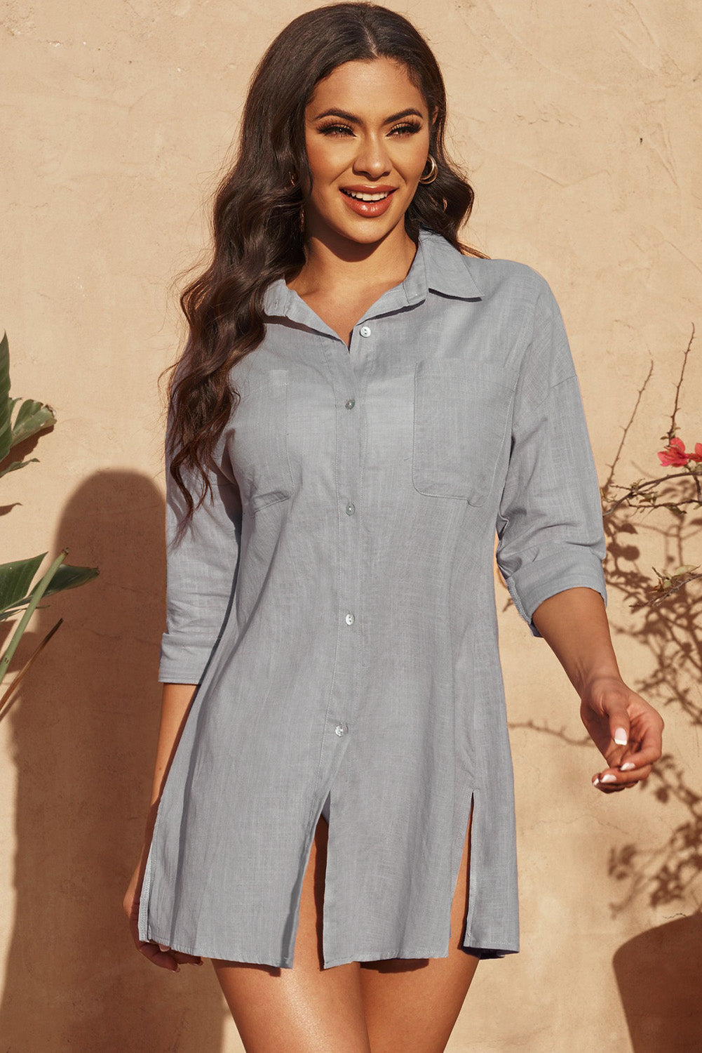 Button-Up Longline Shirt with Breast Pockets