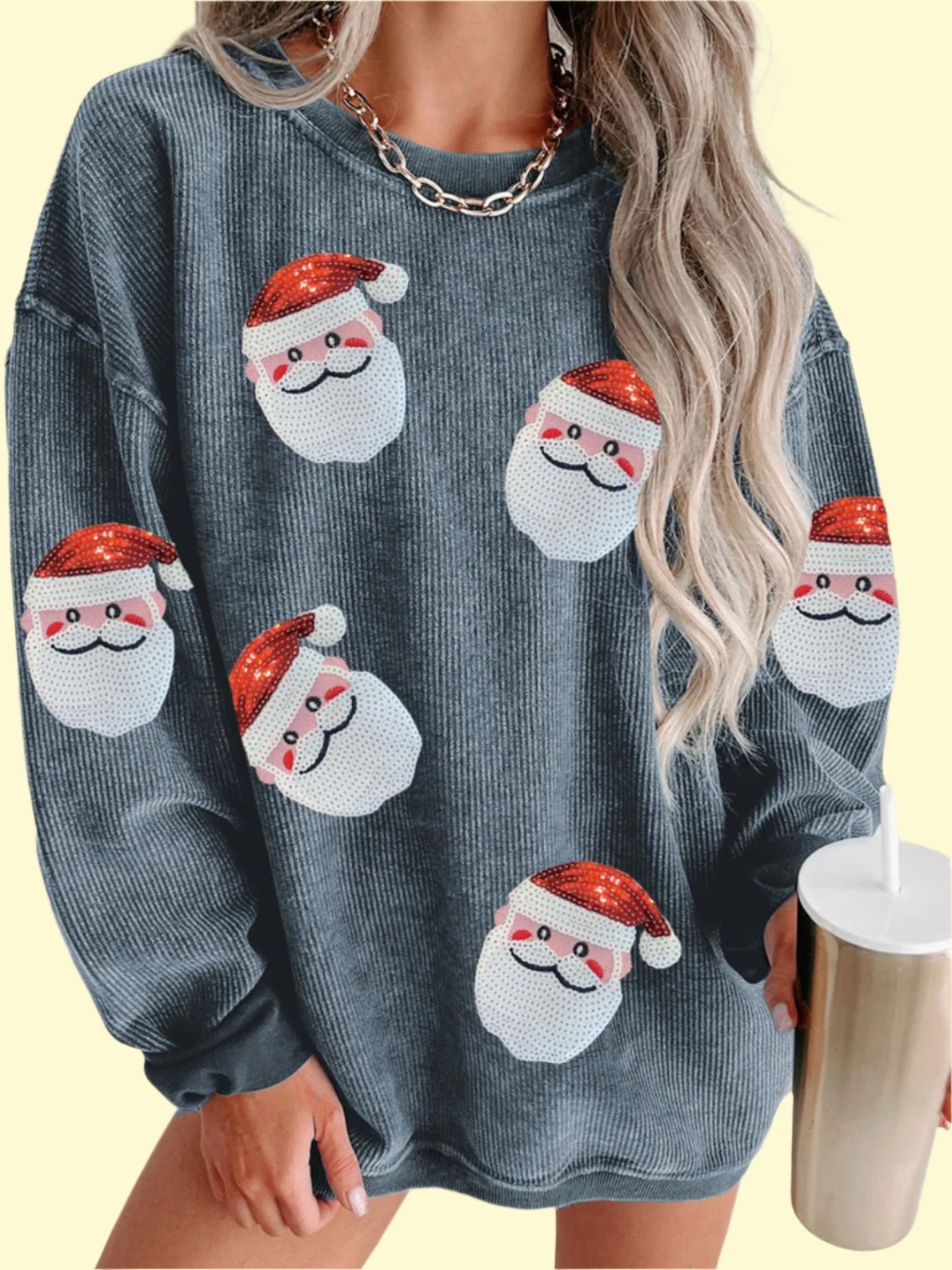 Sequin Santa Patch Ribbed Sweatshirt