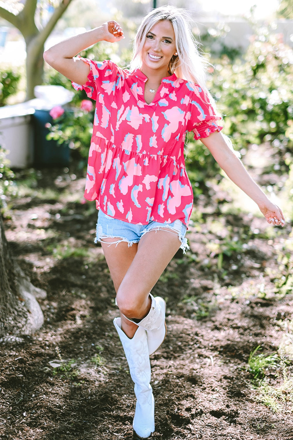 Peplum Printed Notched Short Sleeve Blouse