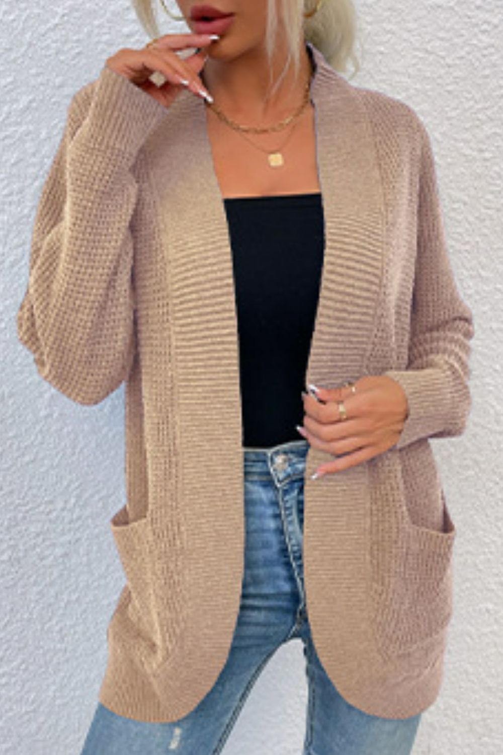 Open Front Rib-Knit Cardigan with Pockets