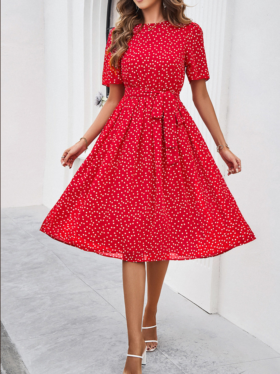 Devine Printed Round Neck Short Sleeve Dress