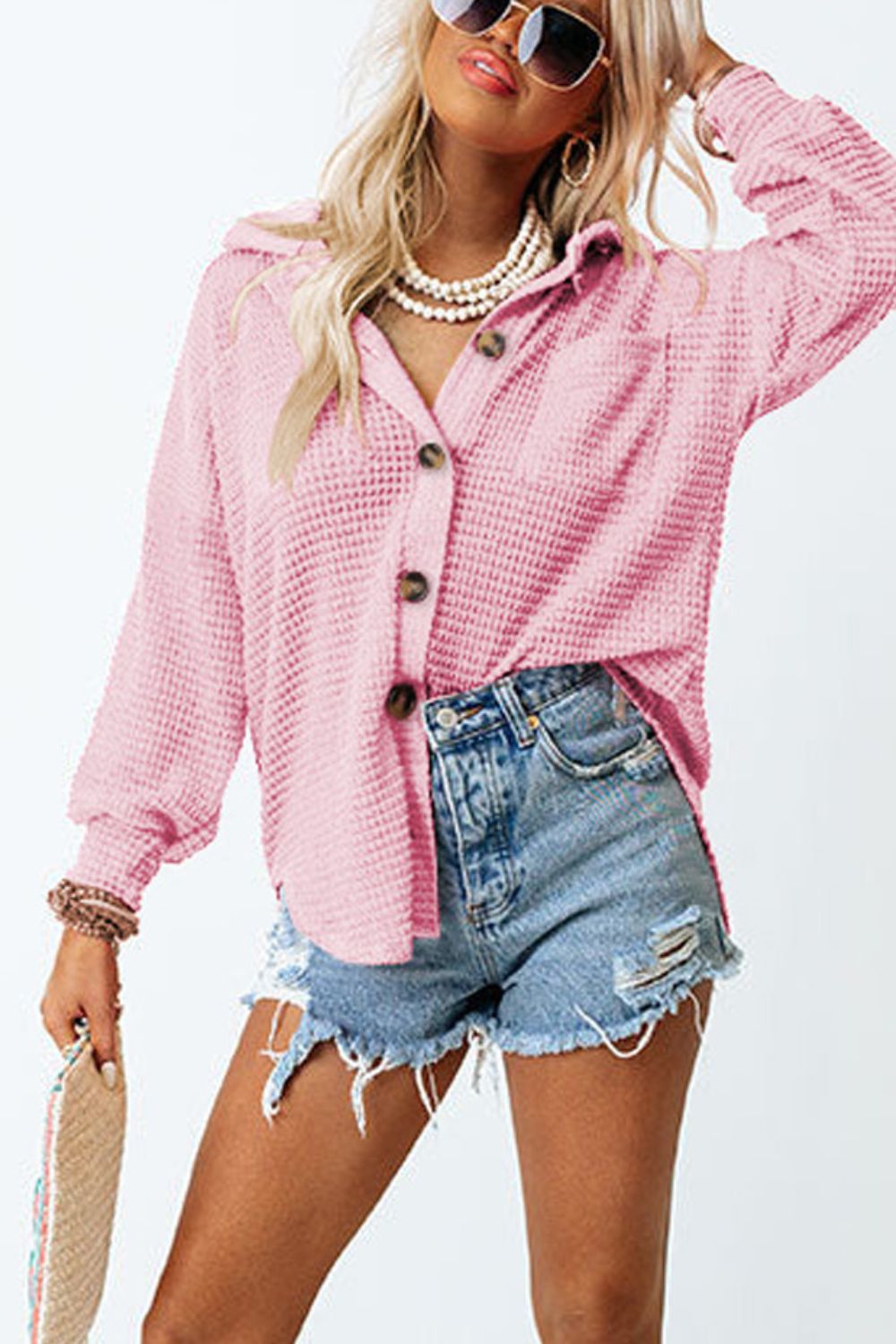 Waffle-Knit Collared Neck Long Sleeve Shirt