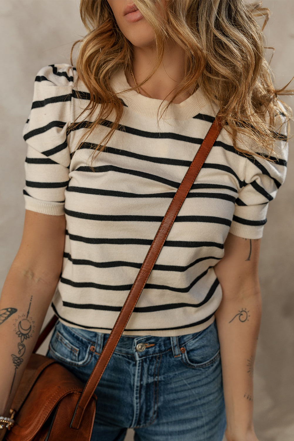 Striped Round Neck Puff Sleeve Knit Top