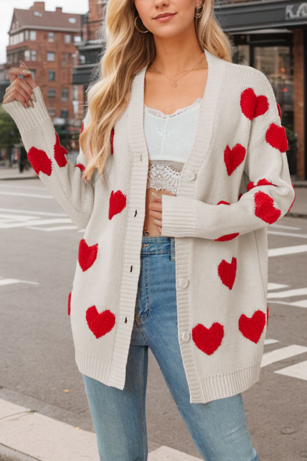 Heart Button Down Long Sleeve Cardigan