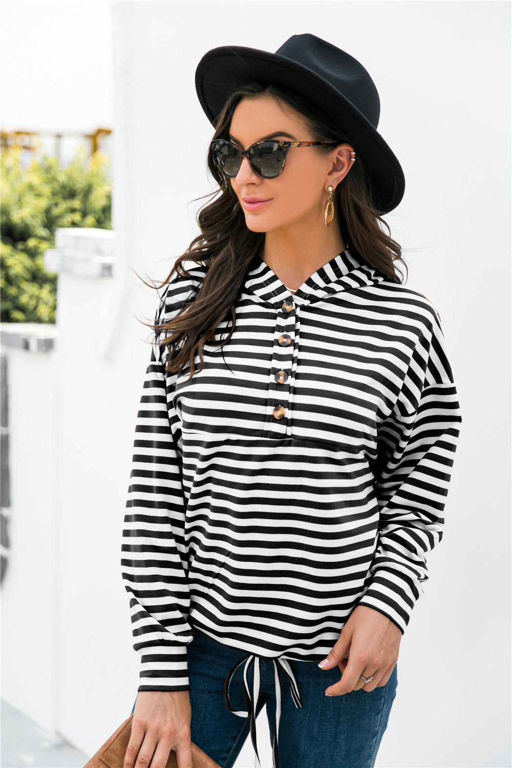 Striped Half-Button Dropped Shoulder Hoodie