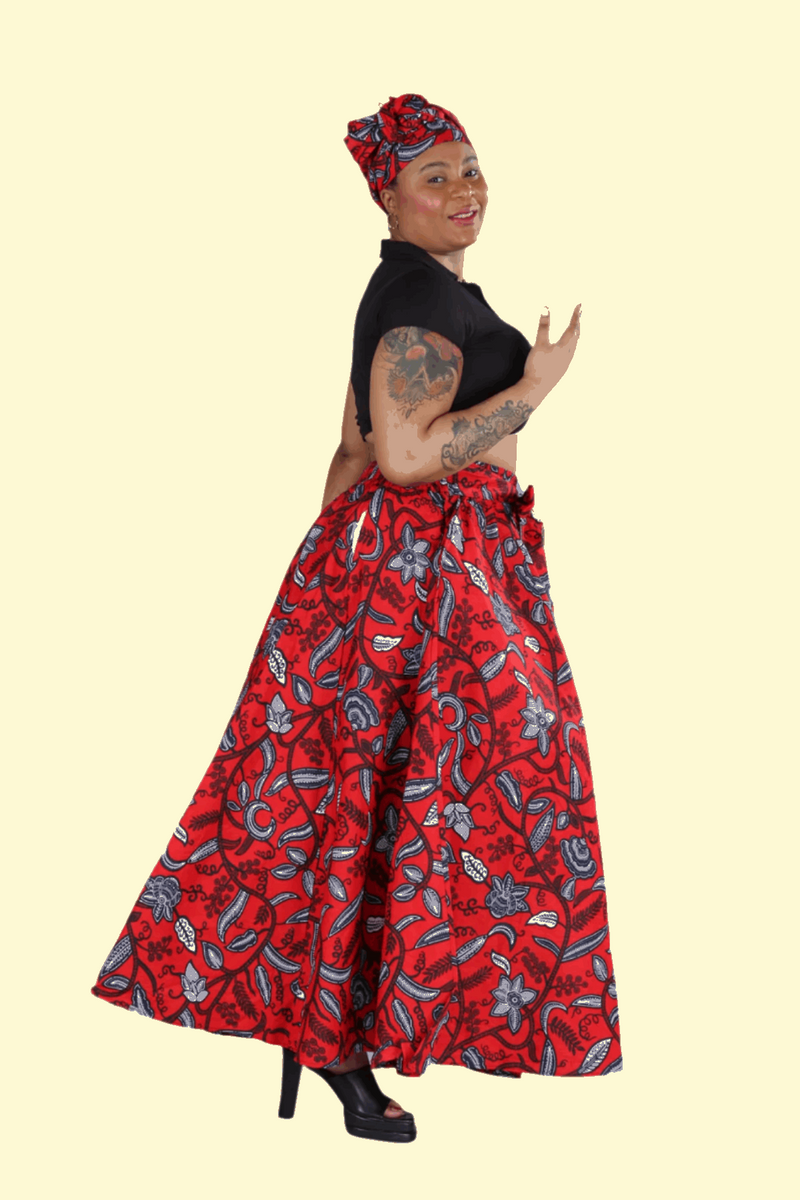 AFRICAN RED ABSTRACT PRINTED MAXI FLARED LONG SKIRT