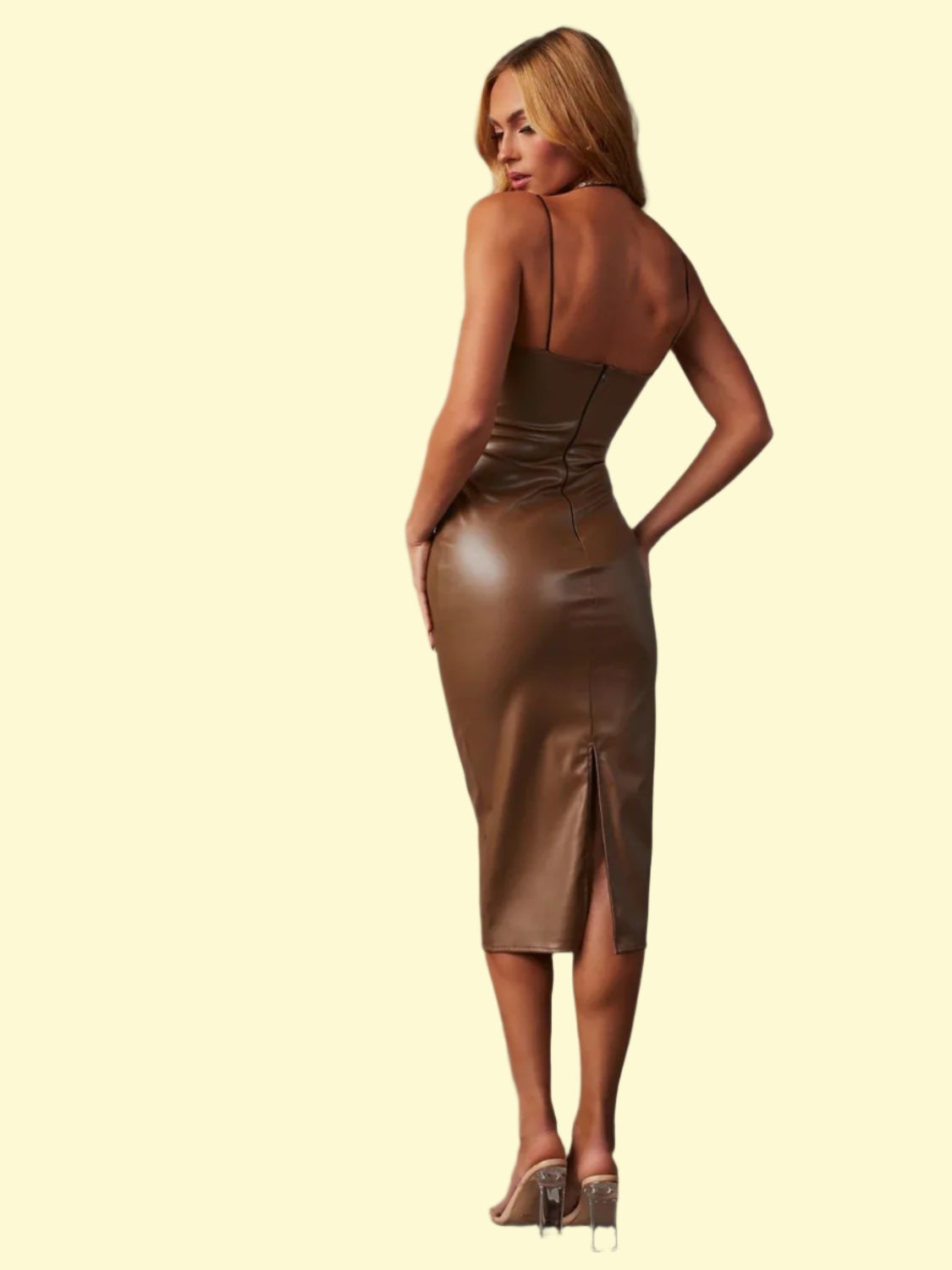 Pu leather midi dress with a fitted silhouette