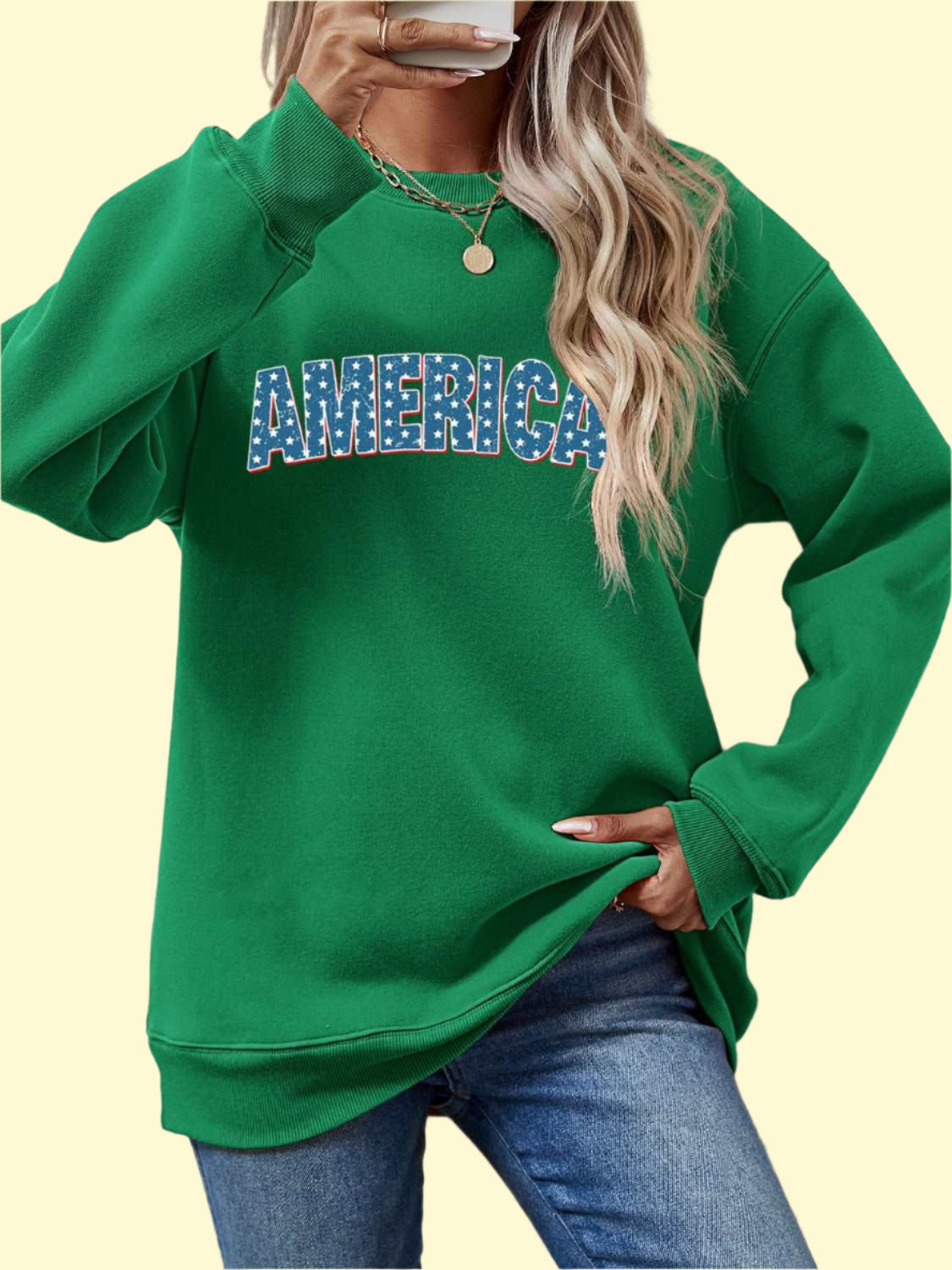 Green color AMERICA Round Neck Dropped Shoulder Sweatshirt by Closet