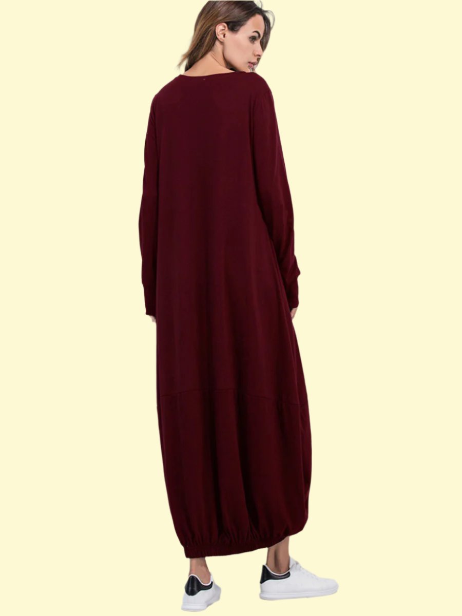 Burgundy round neck long sleeve dress