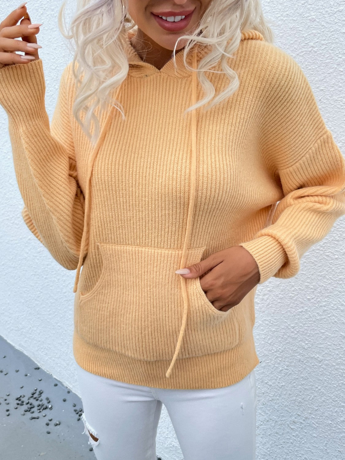 Drawstring Dropped Shoulder Hooded Sweater