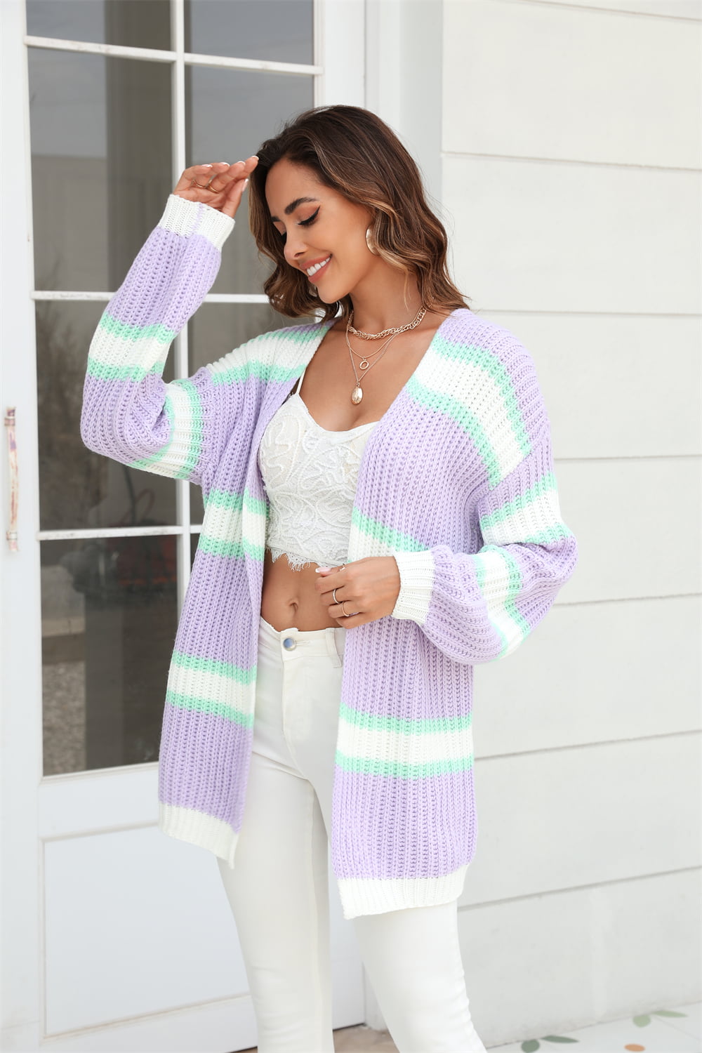 Color Block Ribbed Dropped Shoulder Open Front Cardigan