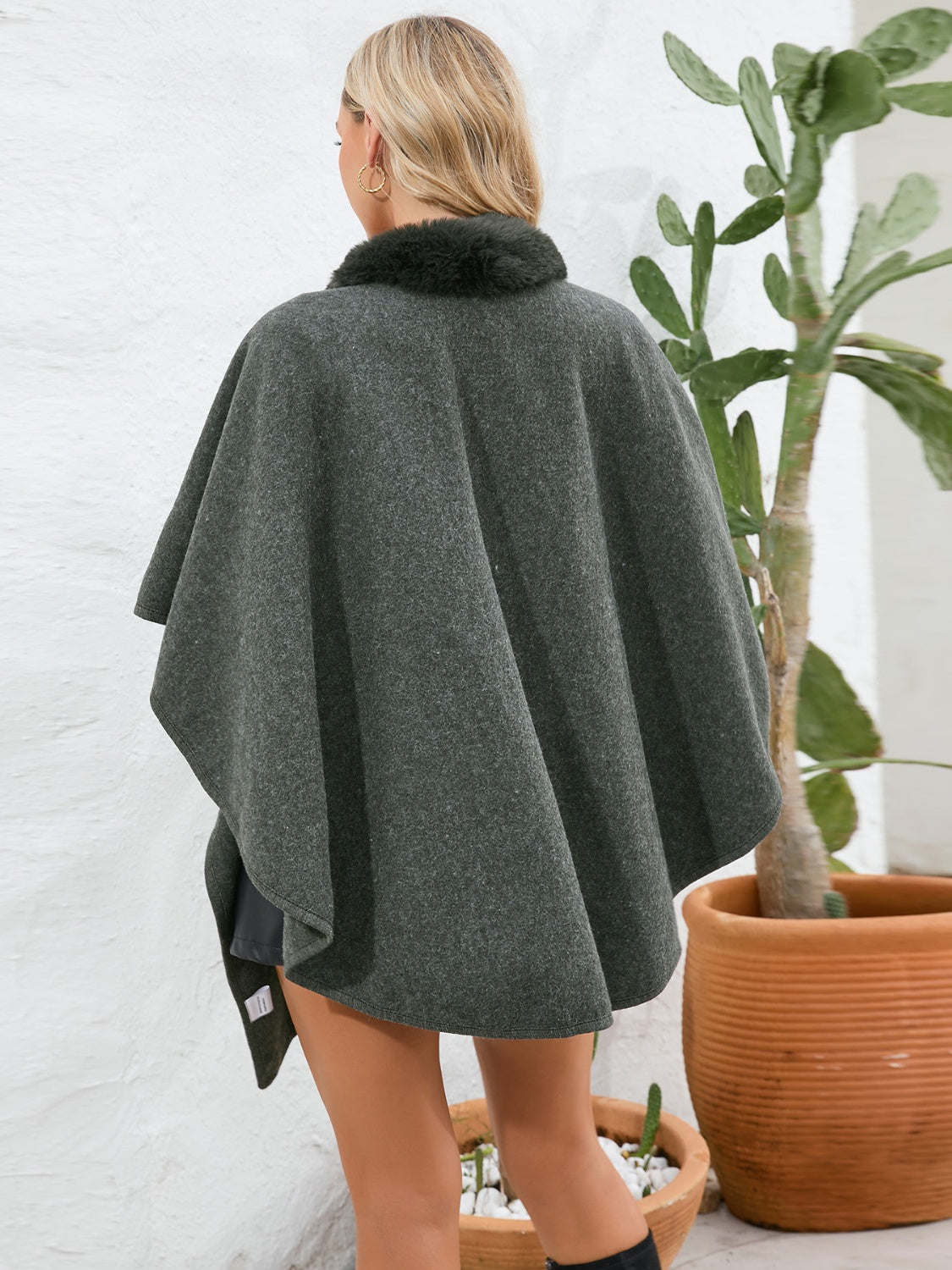 Fuzzy Trim Open Front Poncho