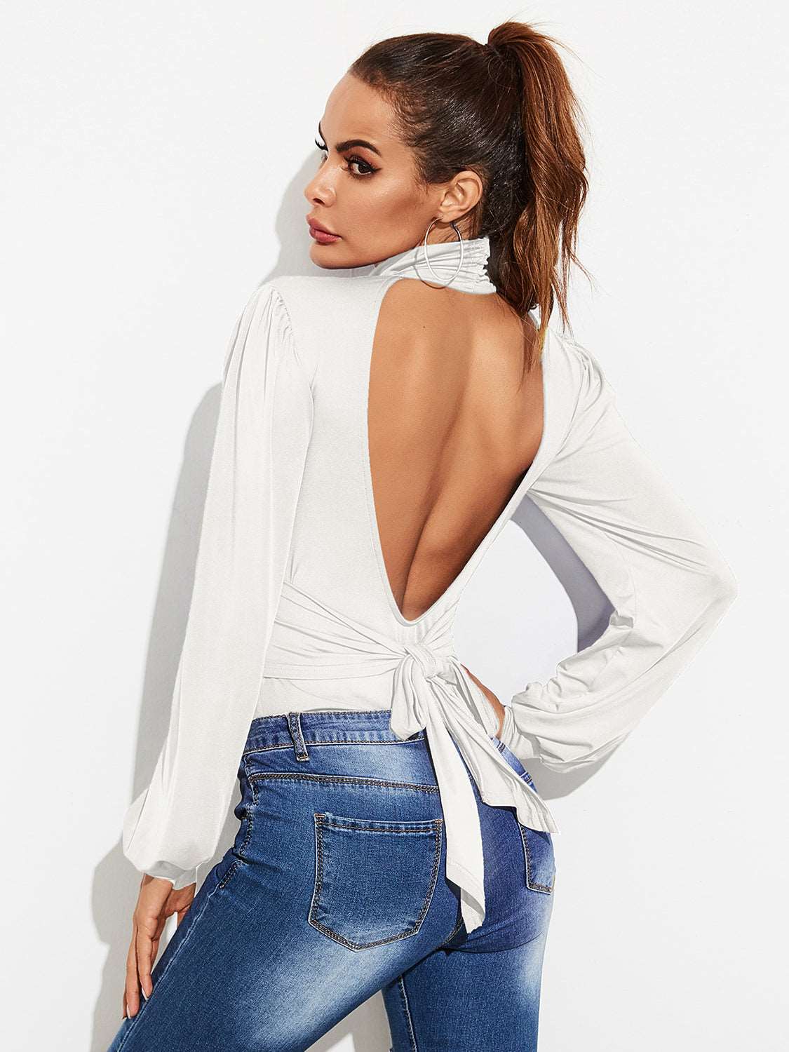 Backless Tie-Waist Turtleneck Lantern Sleeve Bodysuit