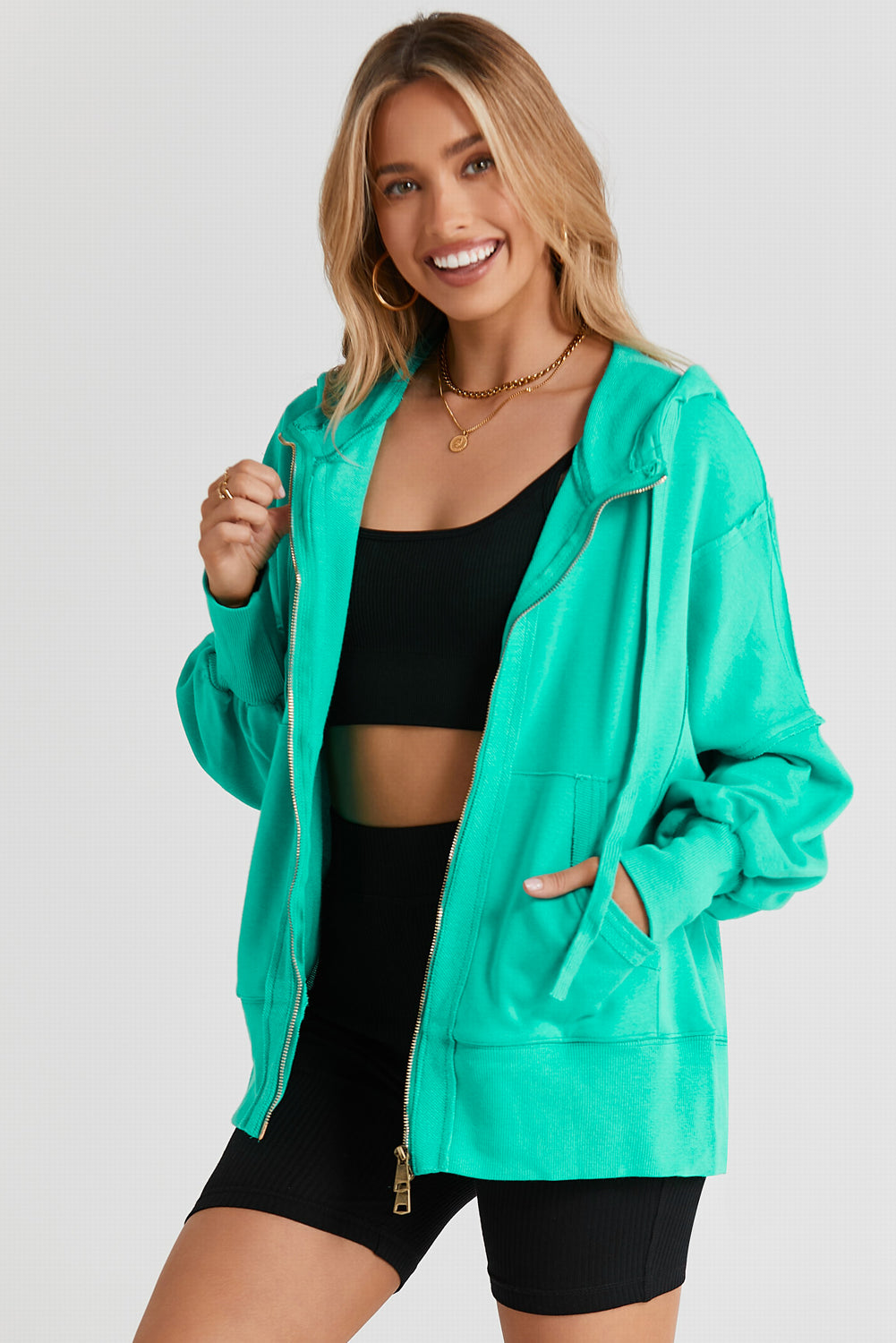 Zip Up Long Sleeve Drawstring Hoodie