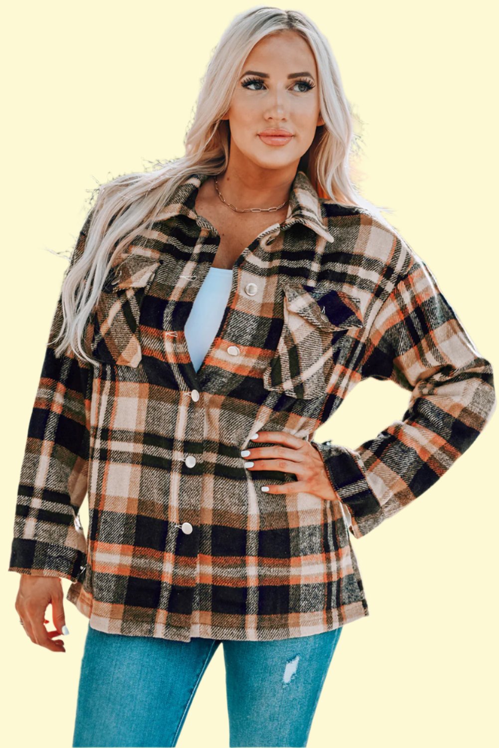 High Quality Fabric Plaid Button Front Shirt Jacket by WestCloset