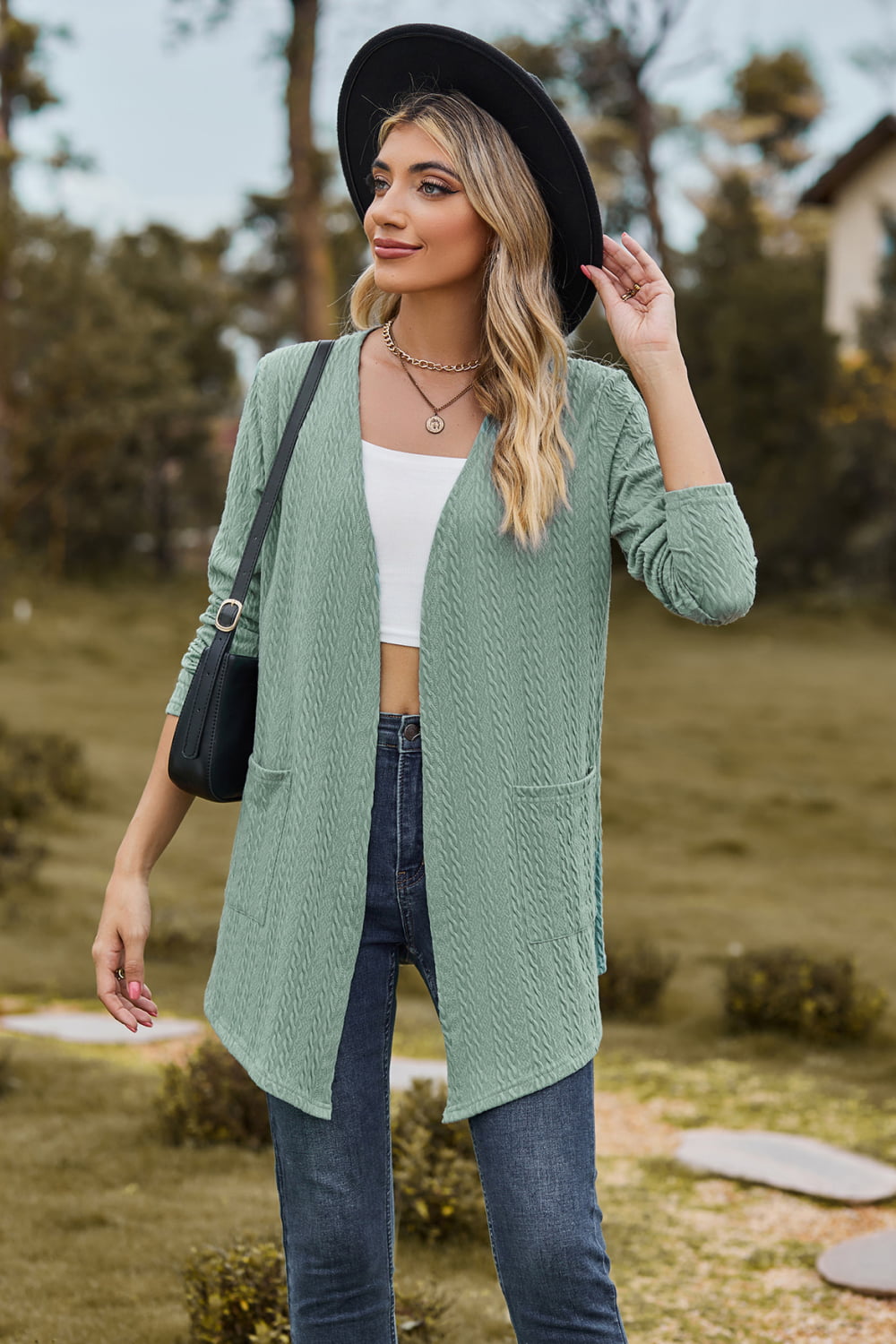 Cable-Knit Long Sleeve Cardigan with Pocket