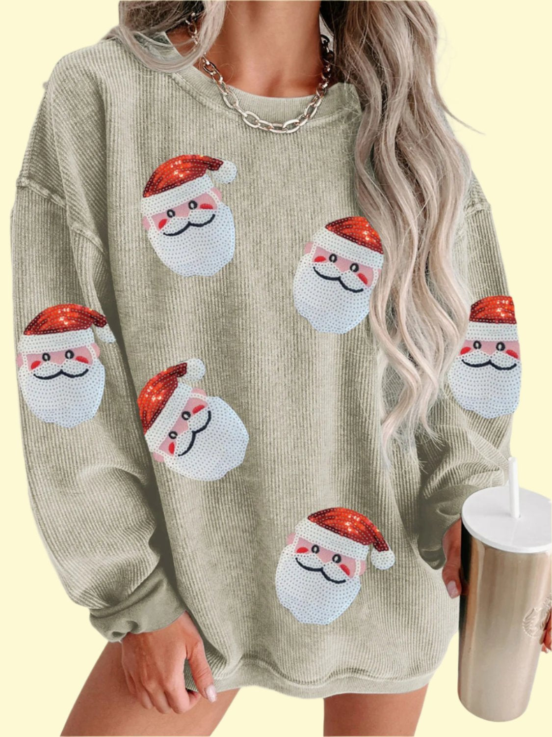 Misty Green Sequin Santa Patch Ribbed Sweatshirt