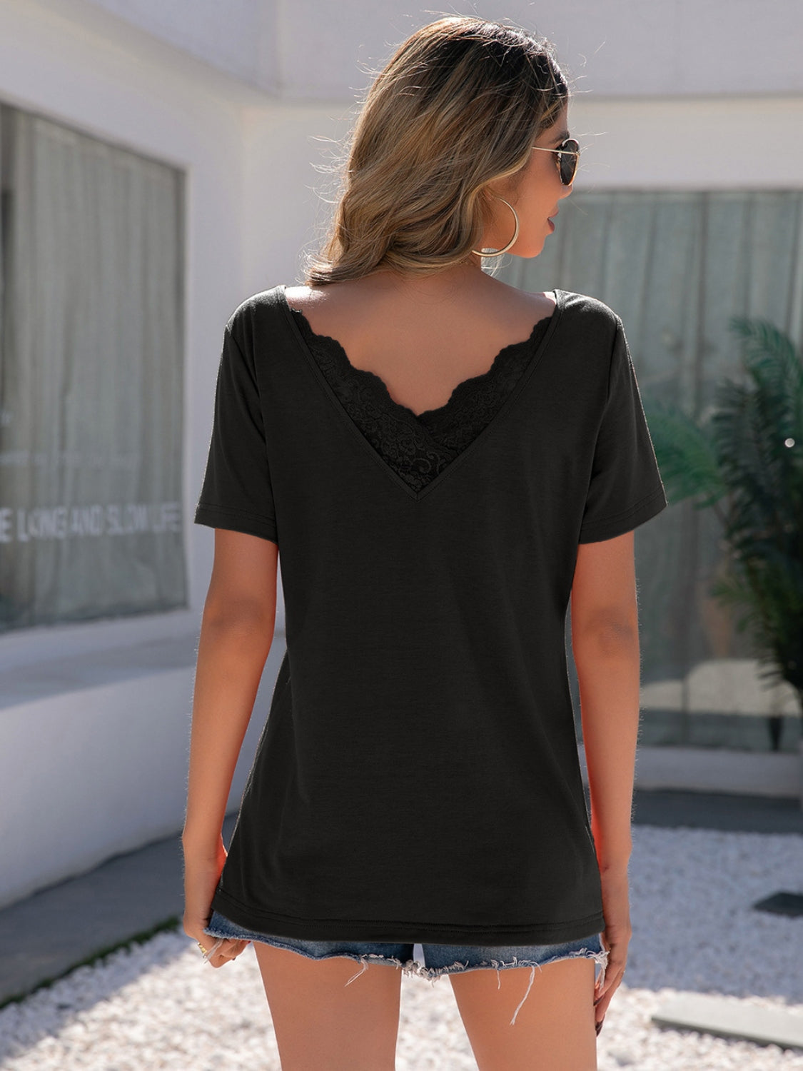 Lace Detail V-Neck Short Sleeve T-Shirt