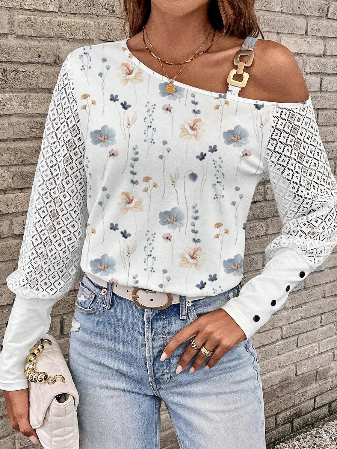 Printed Asymmetrical Neck Lantern Sleeve T-Shirt