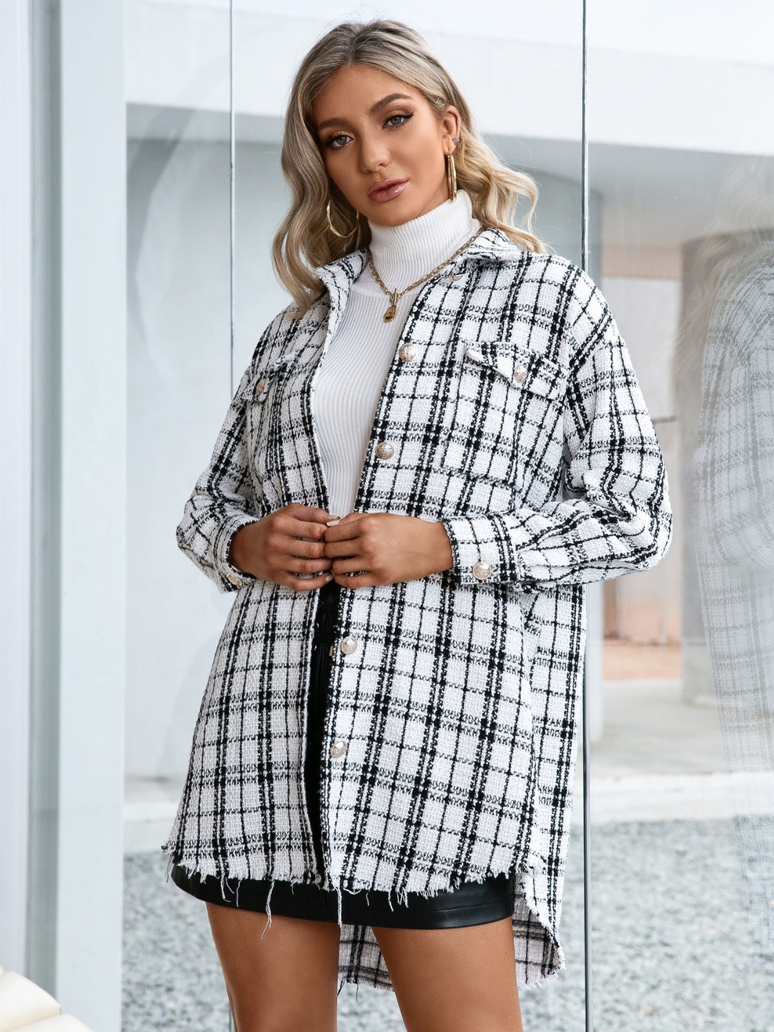 Plaid Pocketed Button Up Dropped Shoulder Jacket