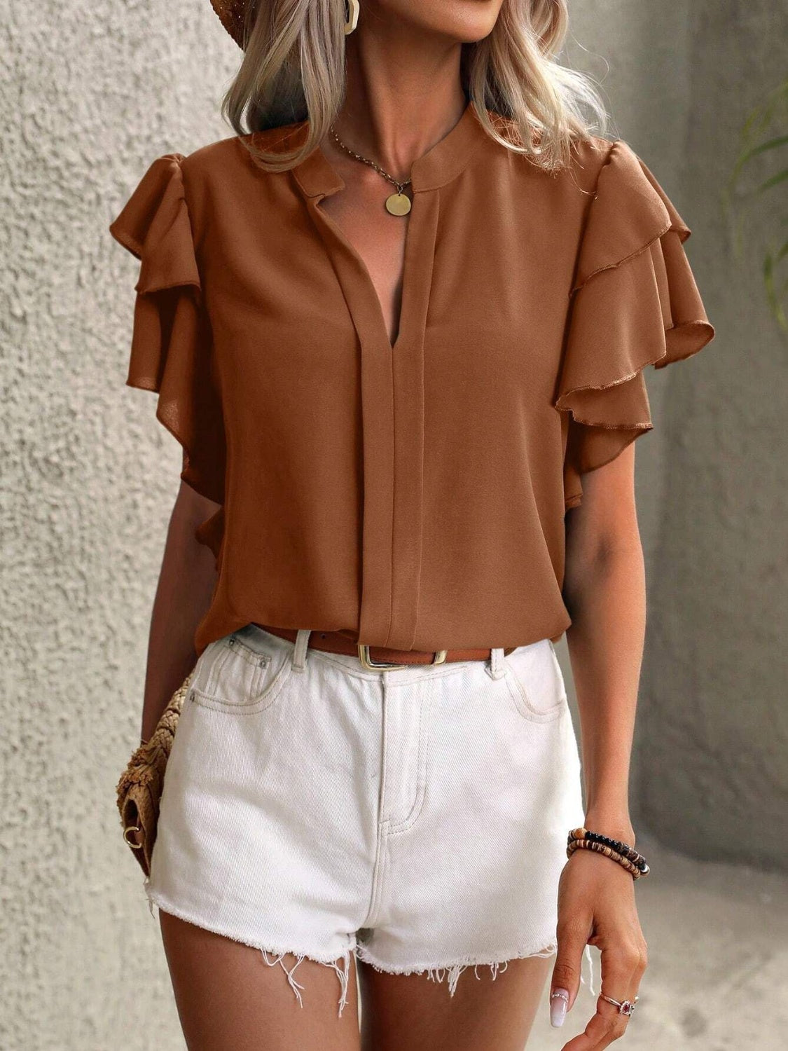 Ruffled Notched Short Sleeve Blouse