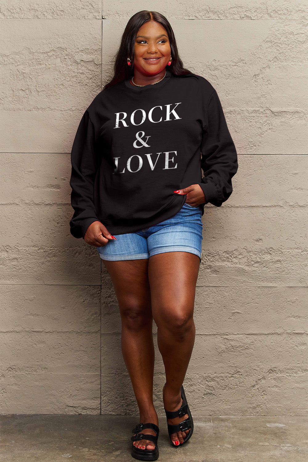 Simply Love Full Size ROCK √î¬∫√ú LOVE Round Neck Sweatshirt