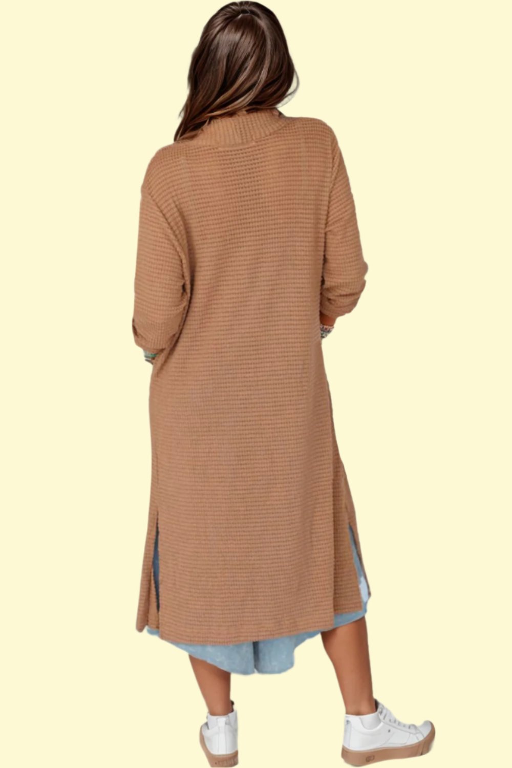 Open Front Long Sleeve Longline Slit Cardigan