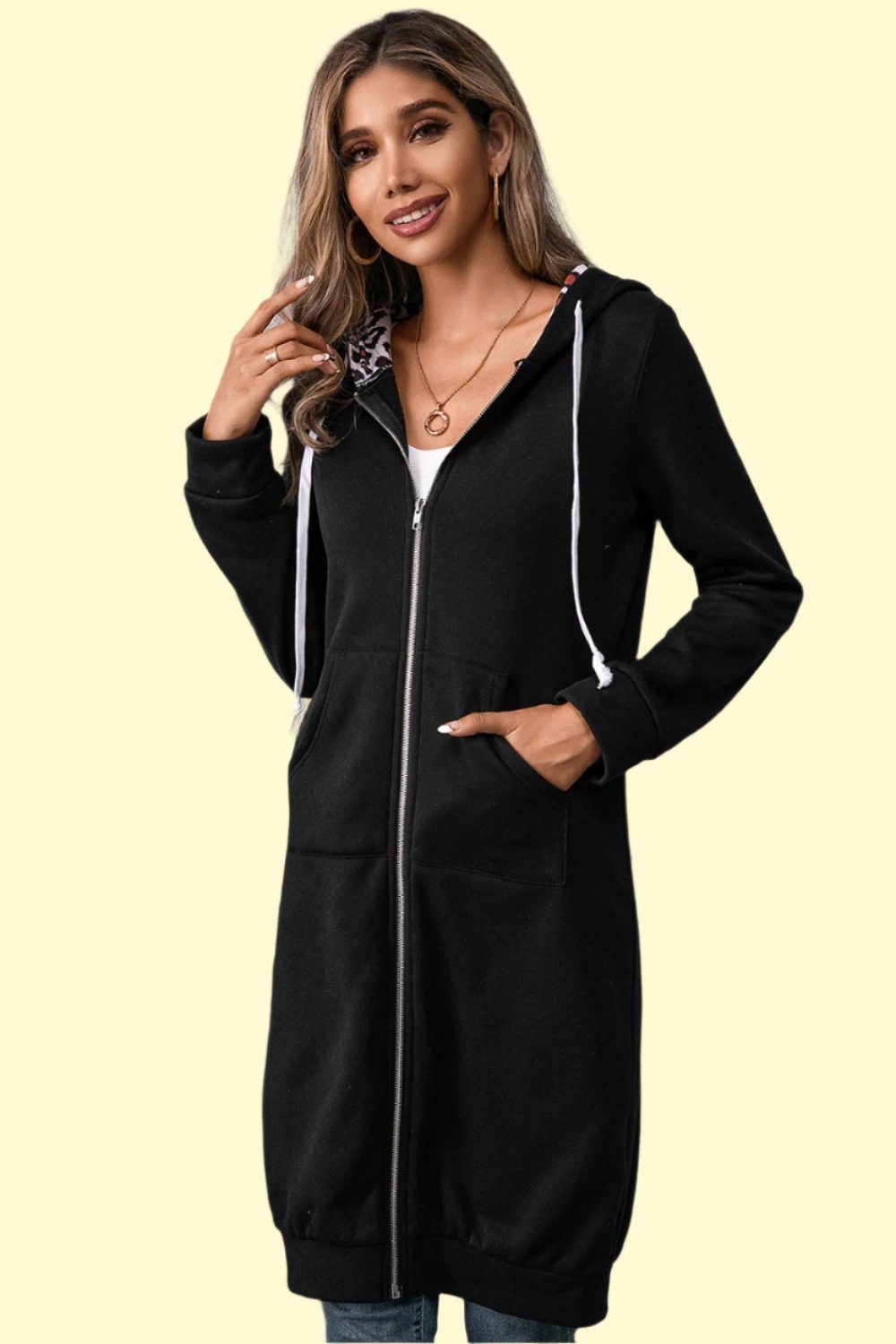 Leopard Spliced Drawstring Zip Up Hoodie Dress