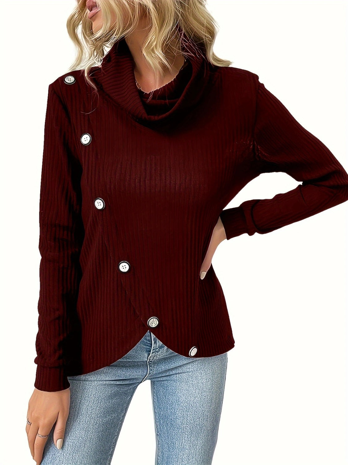 Decorative Button Turtleneck Long Sleeve T-Shirt