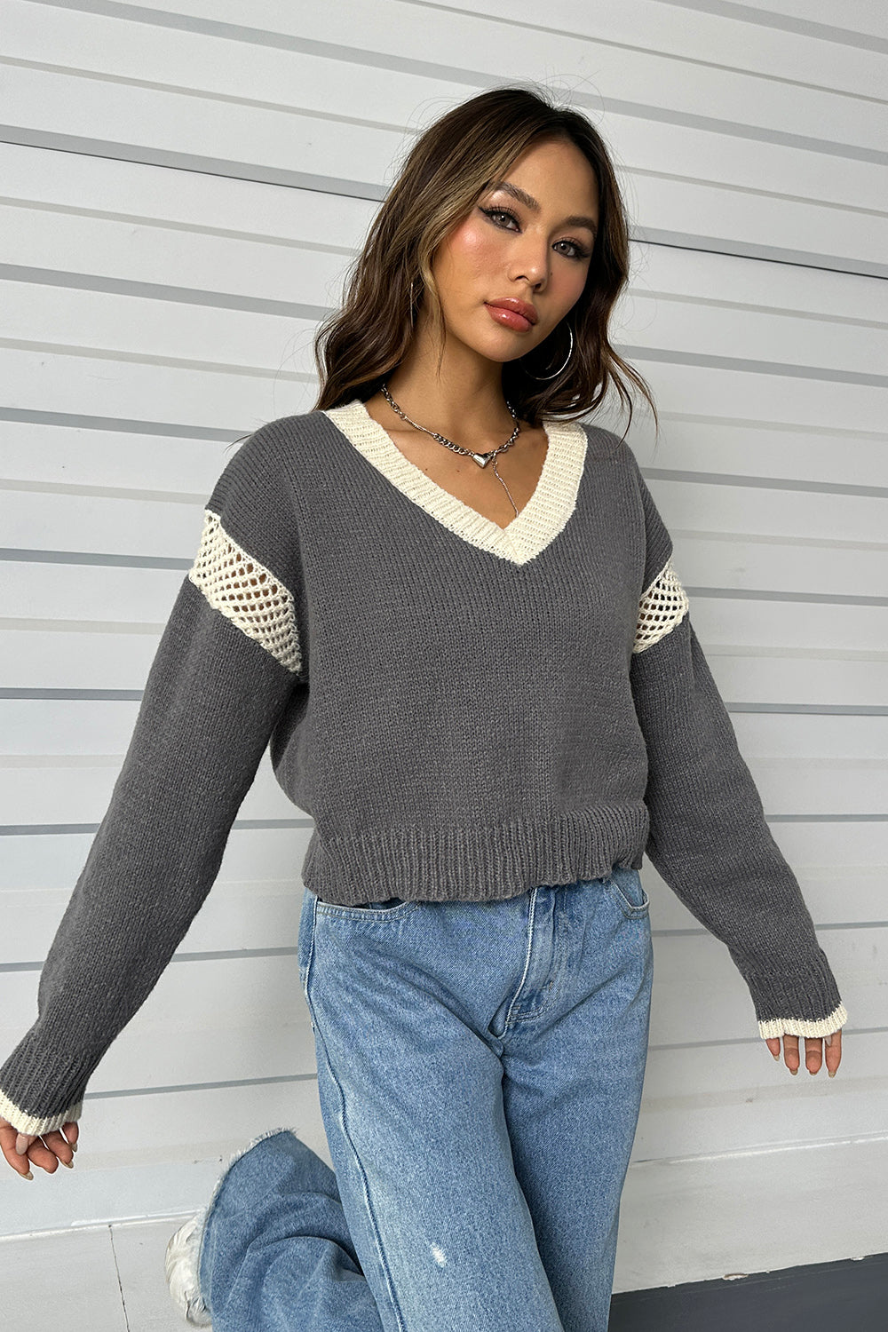 Contrast Openwork Long Sleeve V-Neck Sweater