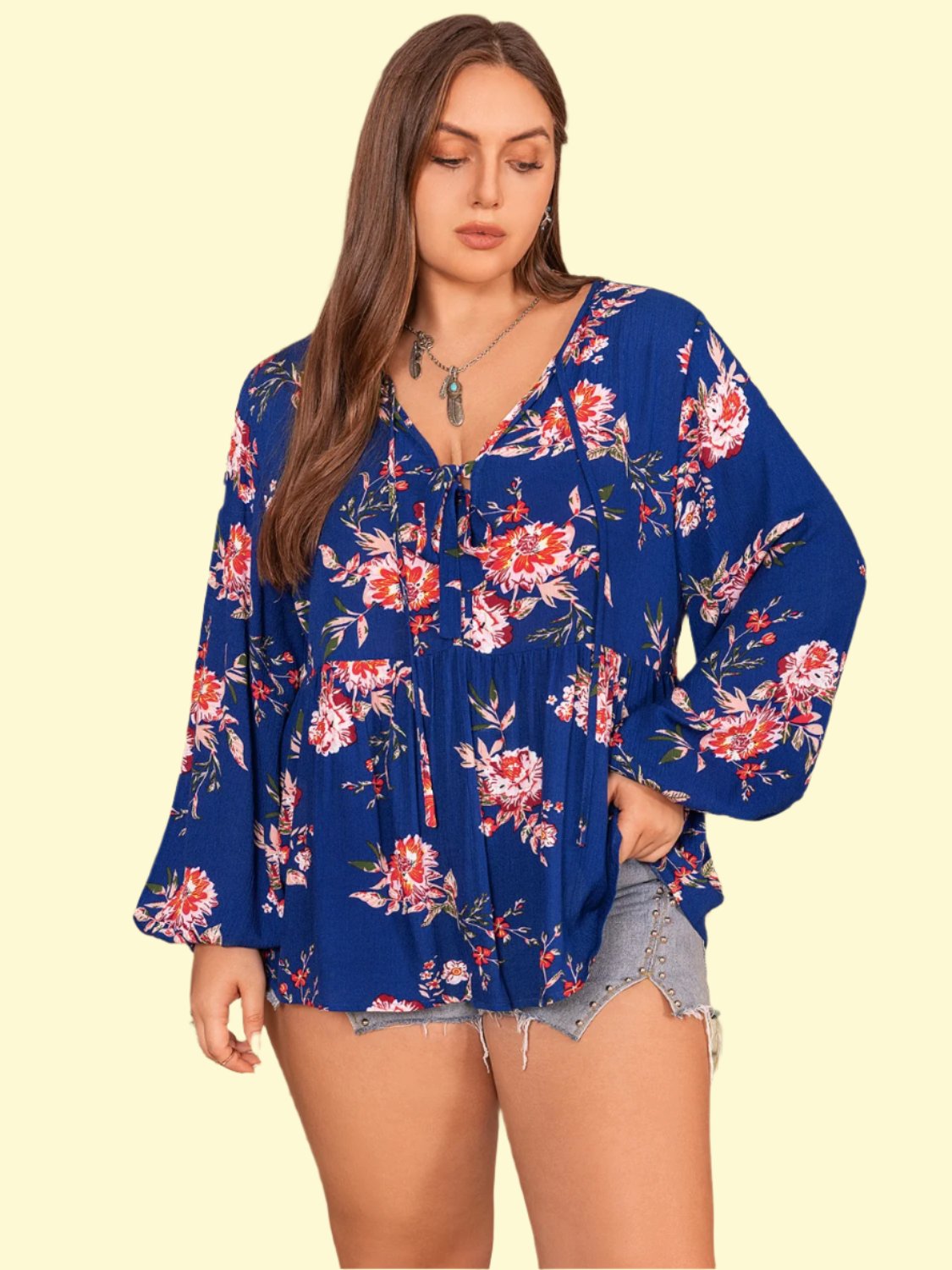 Plus Size Printed Tie Neck Balloon Sleeve Blouse