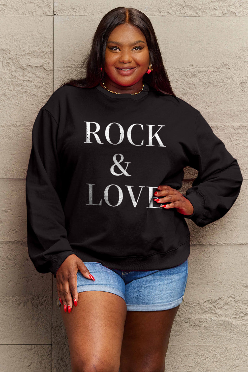 Simply Love Full Size ROCK √î¬∫√ú LOVE Round Neck Sweatshirt