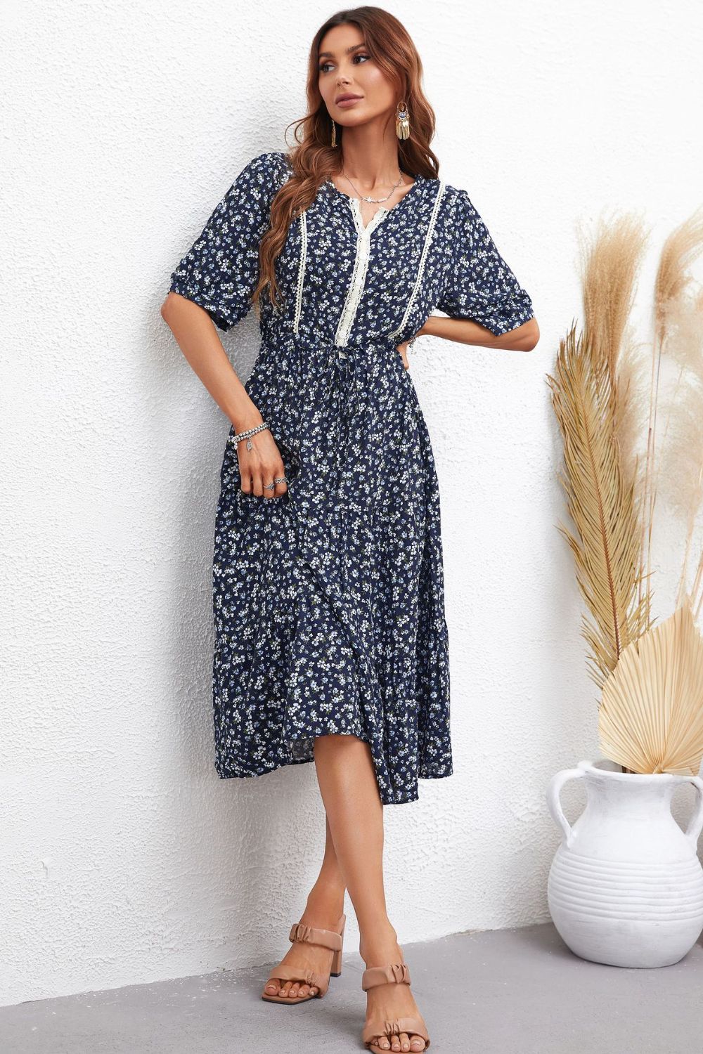 Floral Notched Neck Lace Trim Midi Dress