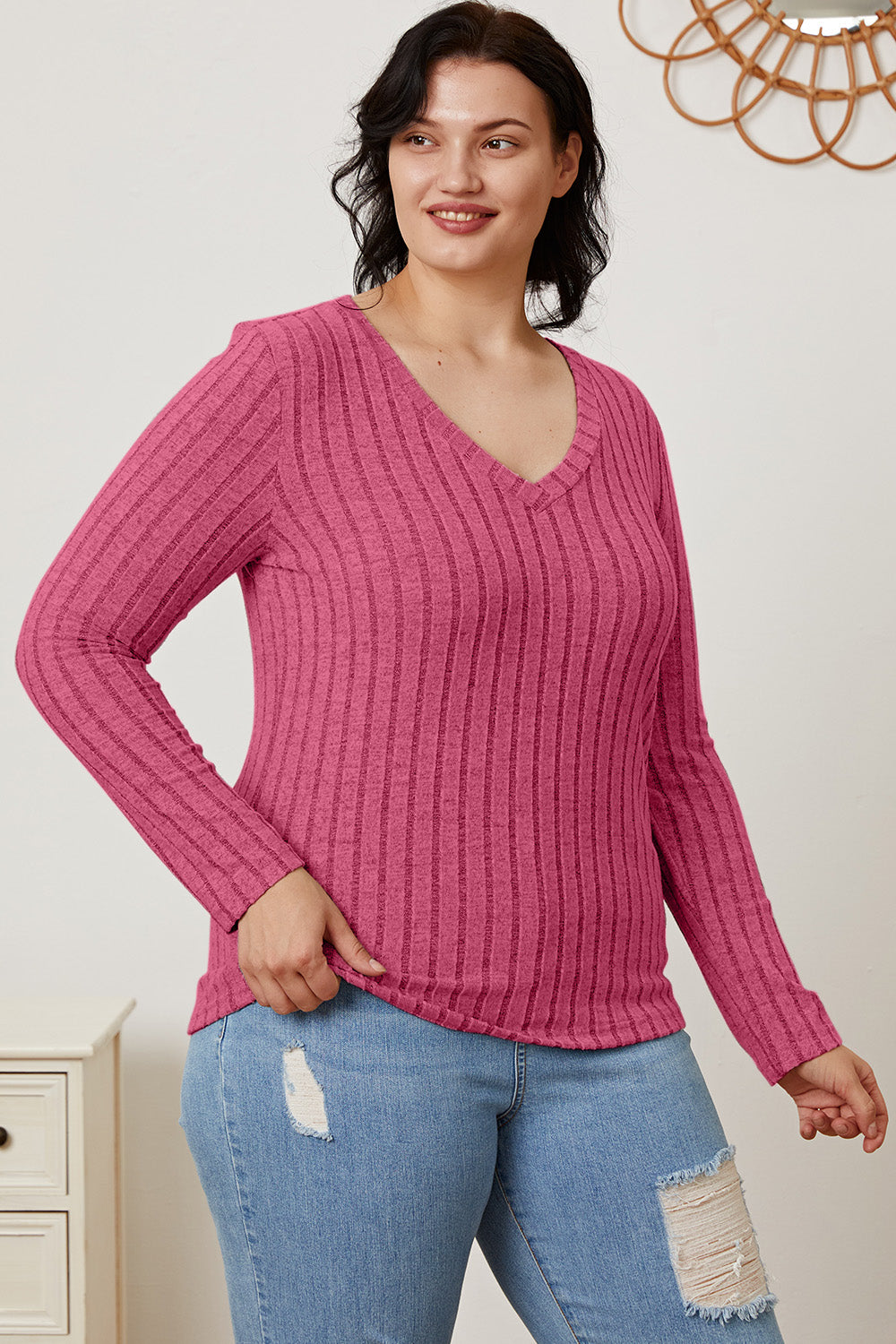 Basic Bae Full Size Ribbed V-Neck Long Sleeve T-Shirt