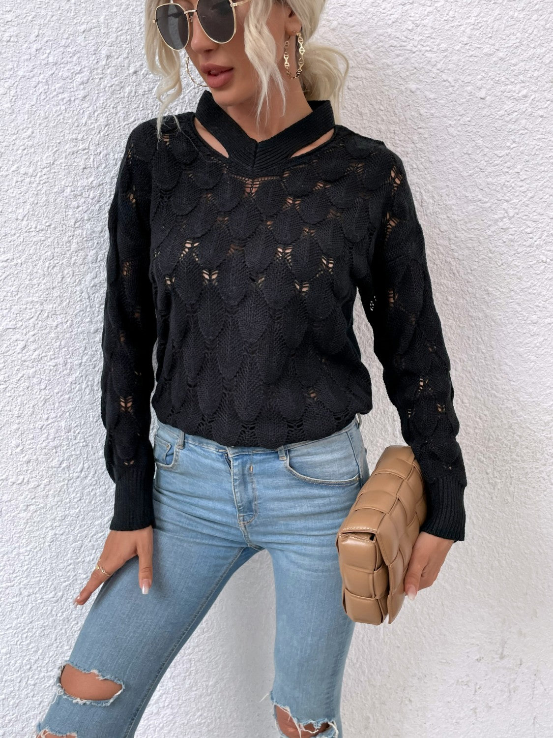 Openwork Cutout Dropped Shoulder Sweater