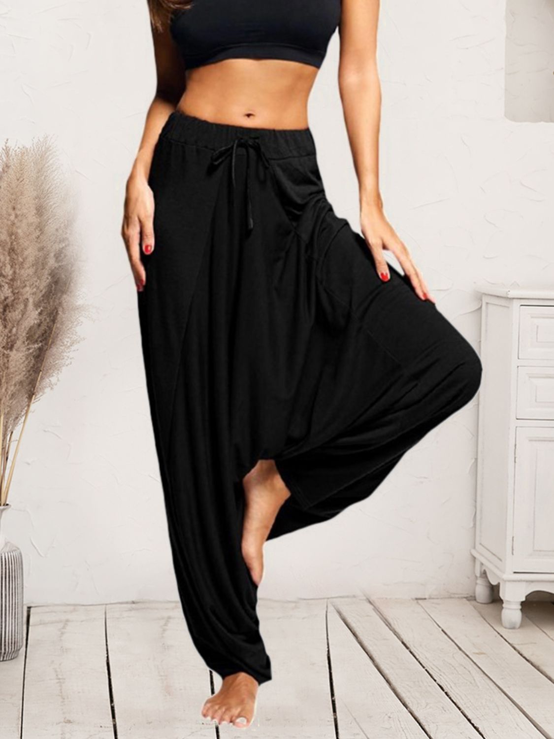 Tied Mid Waist Long Harem Pants