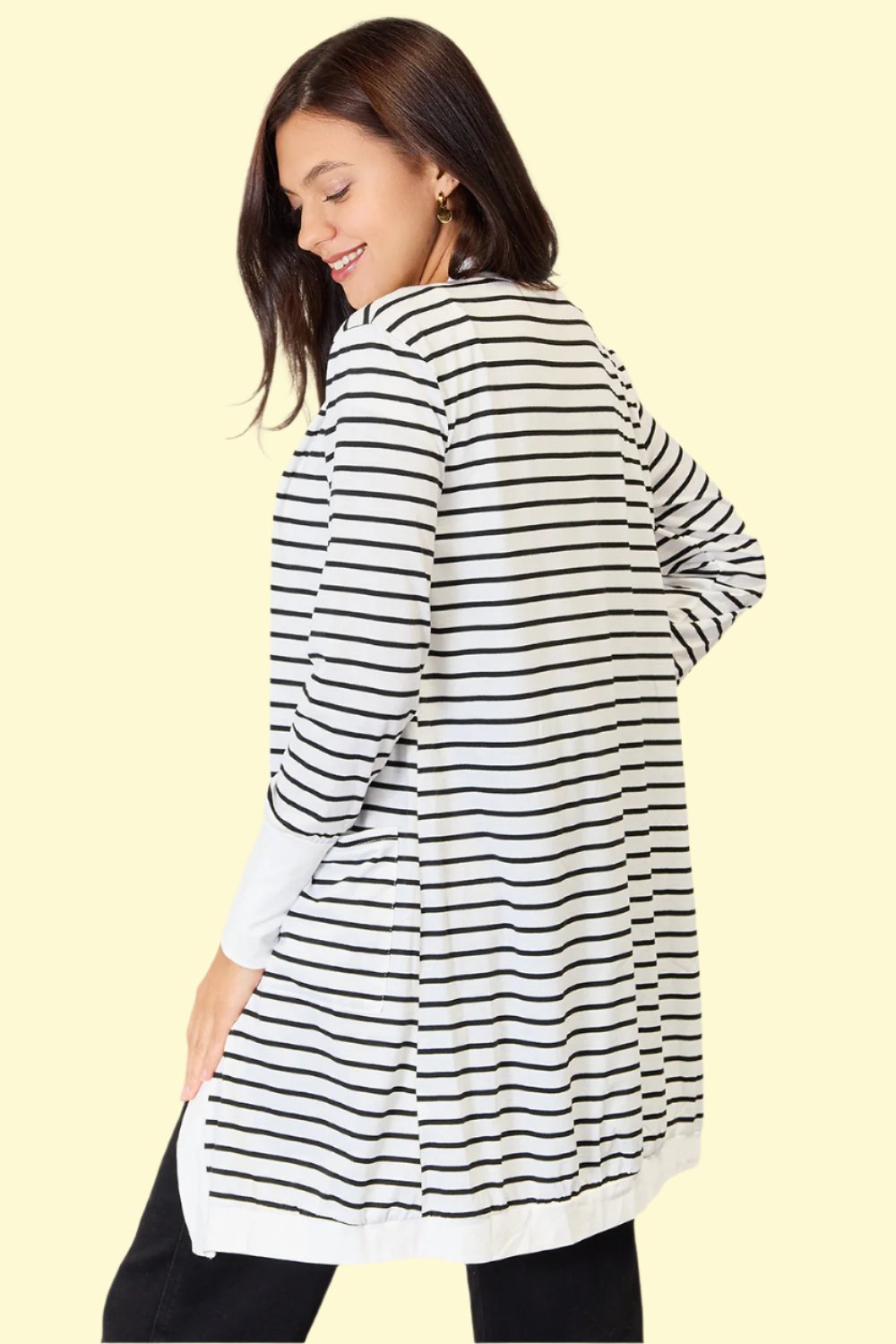 Double Take Striped Open Front Longline Cardigan