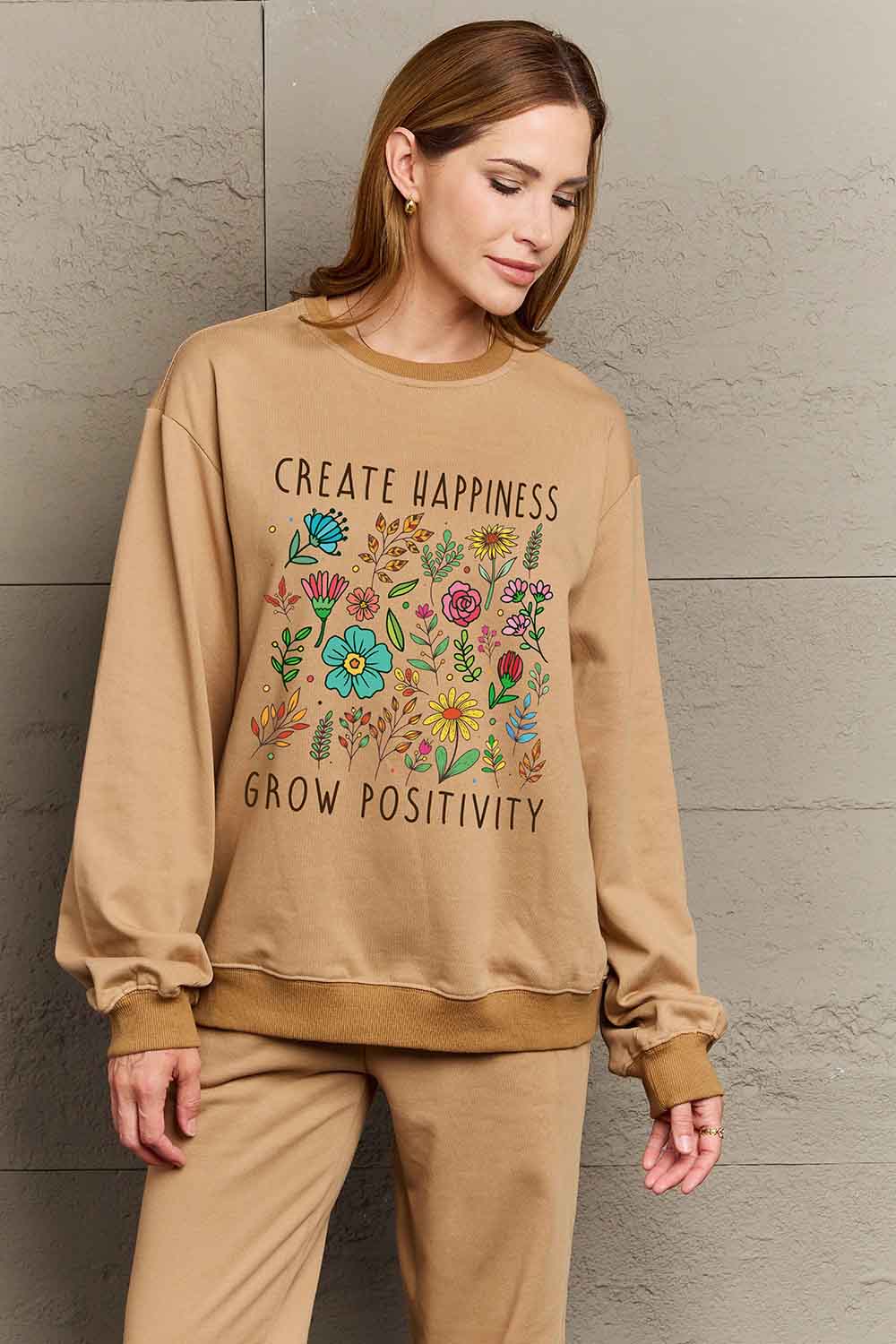 Simply Love Full Size CREATE HAPPINESS  GROW POSITIVITY Graphic Sweatshirt