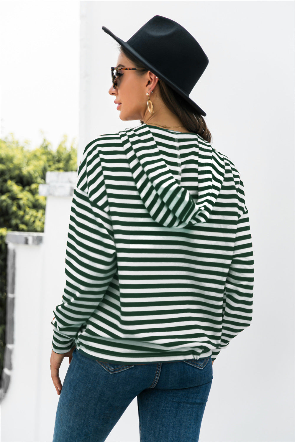 Striped Half-Button Dropped Shoulder Hoodie