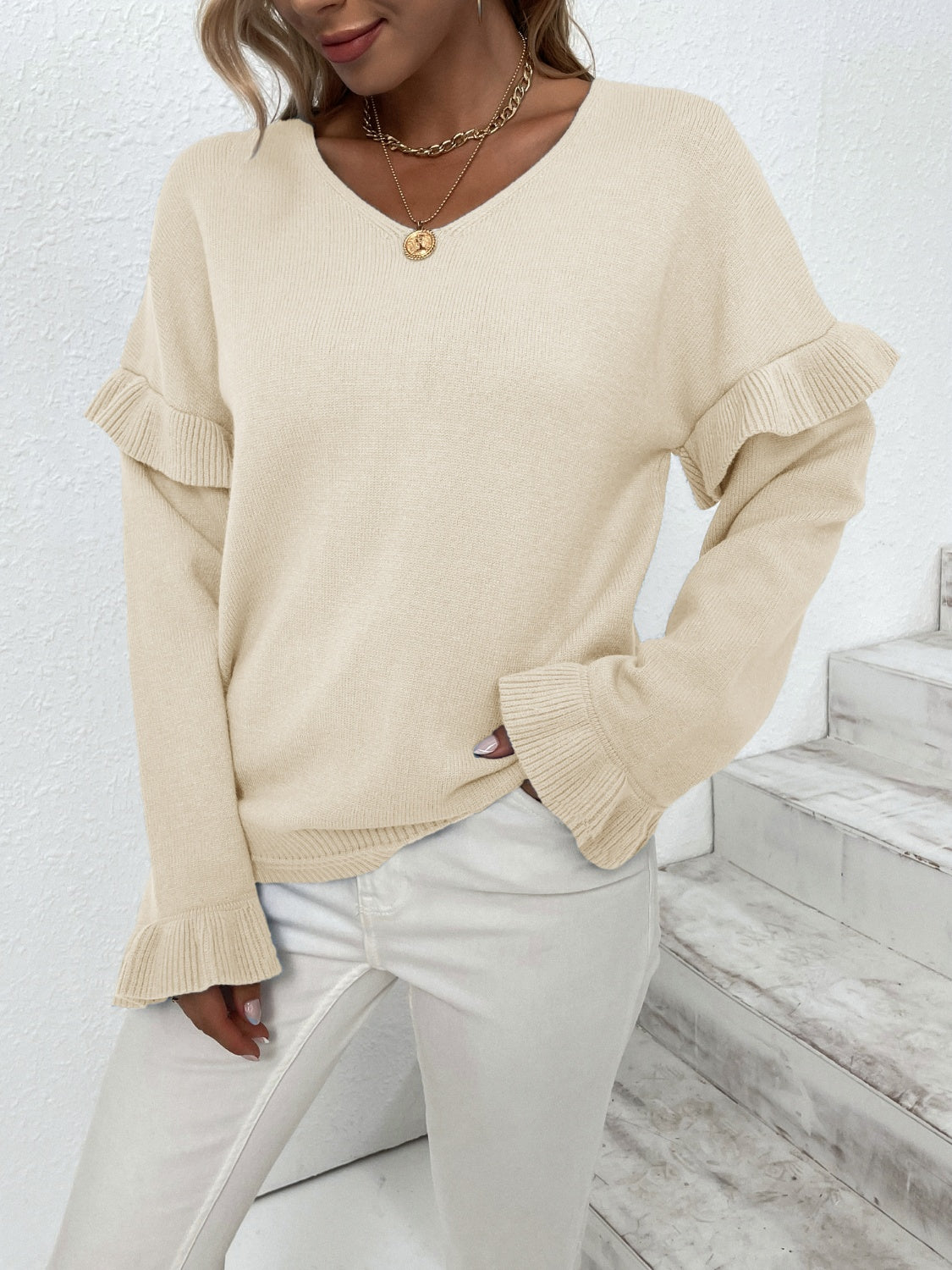 Ruffled V-Neck Dropped Shoulder Sweater