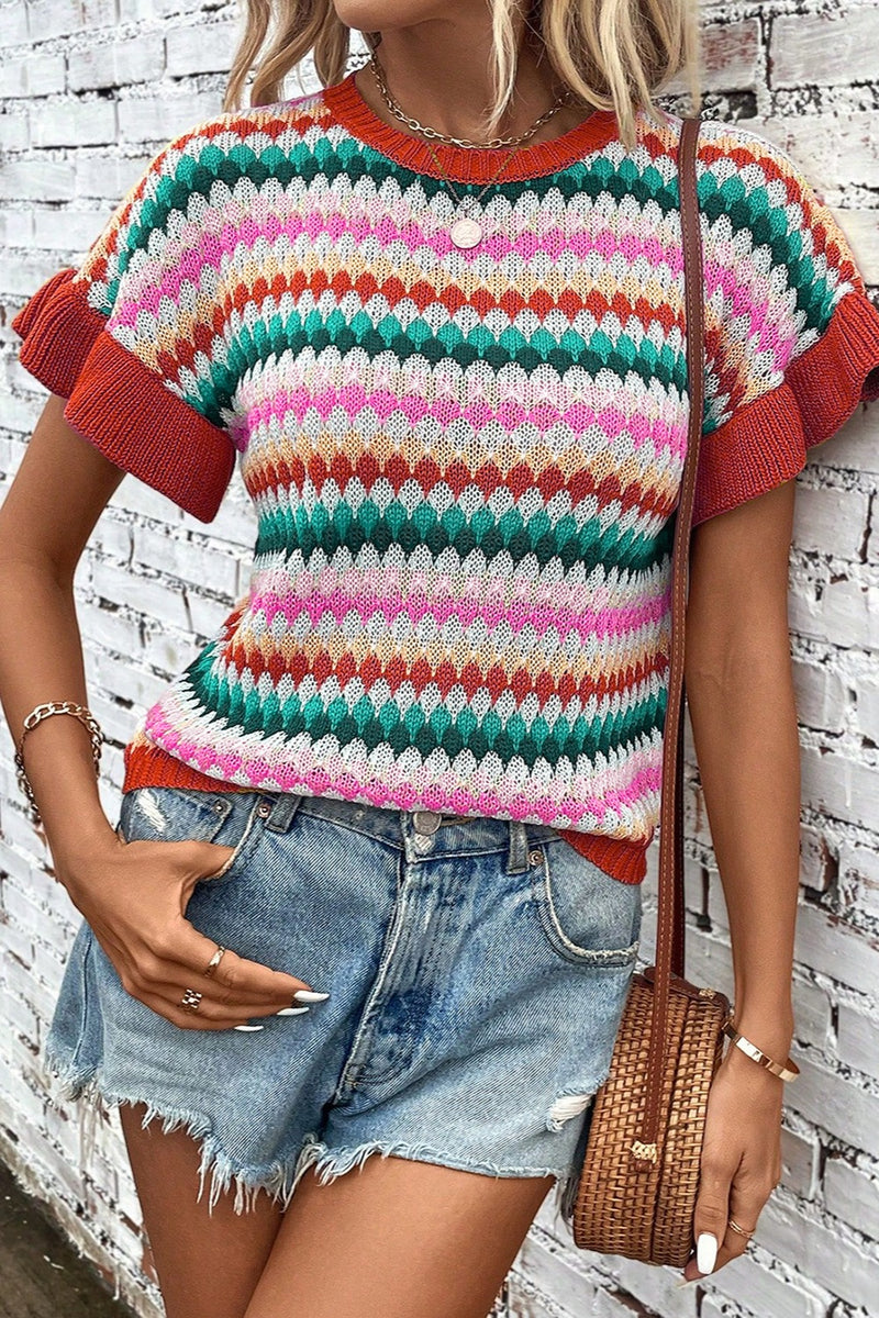 Striped Round Neck Short Sleeve Sweater