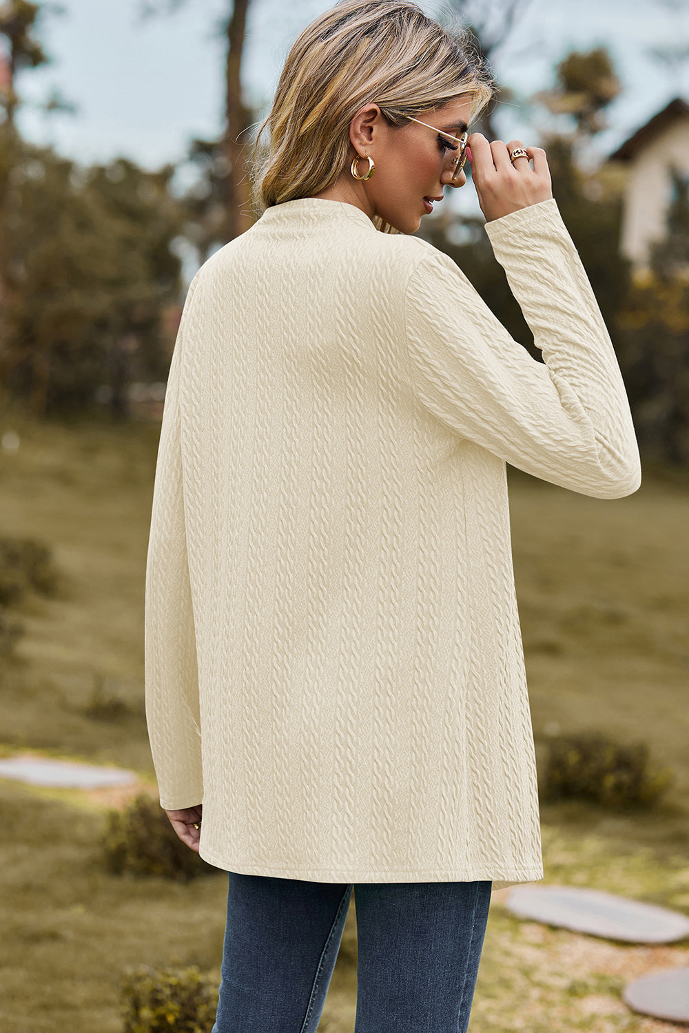 Textured Open Front Long Sleeve Cardigan