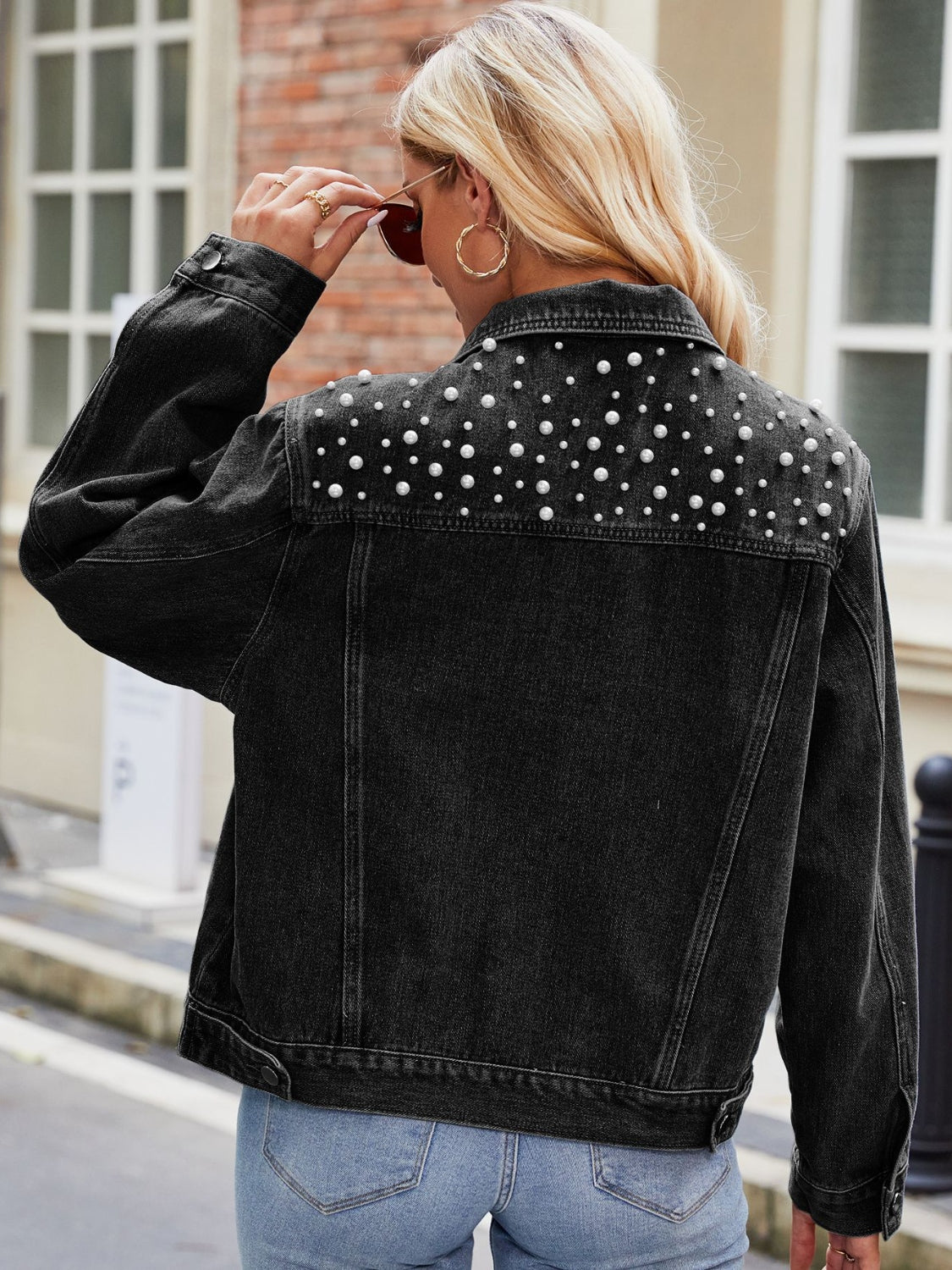 Pearl Detail Collared Neck Long Sleeve Denim Jacket