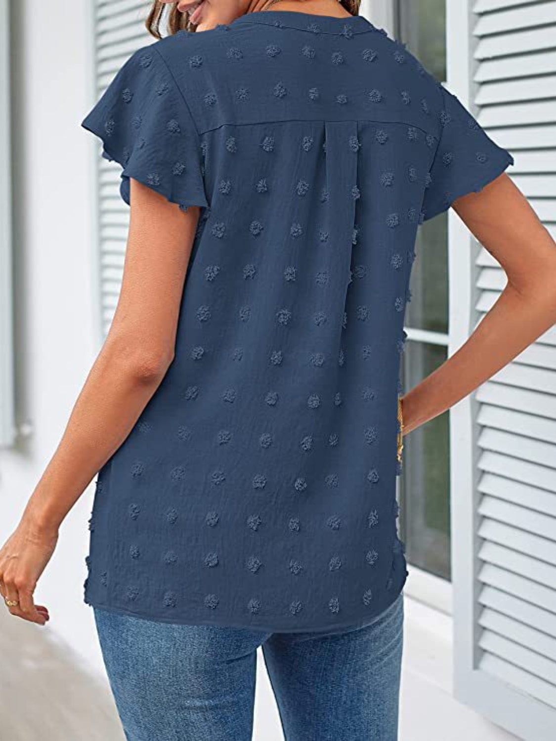 Swiss Dot Notched Cap Sleeve Blouse