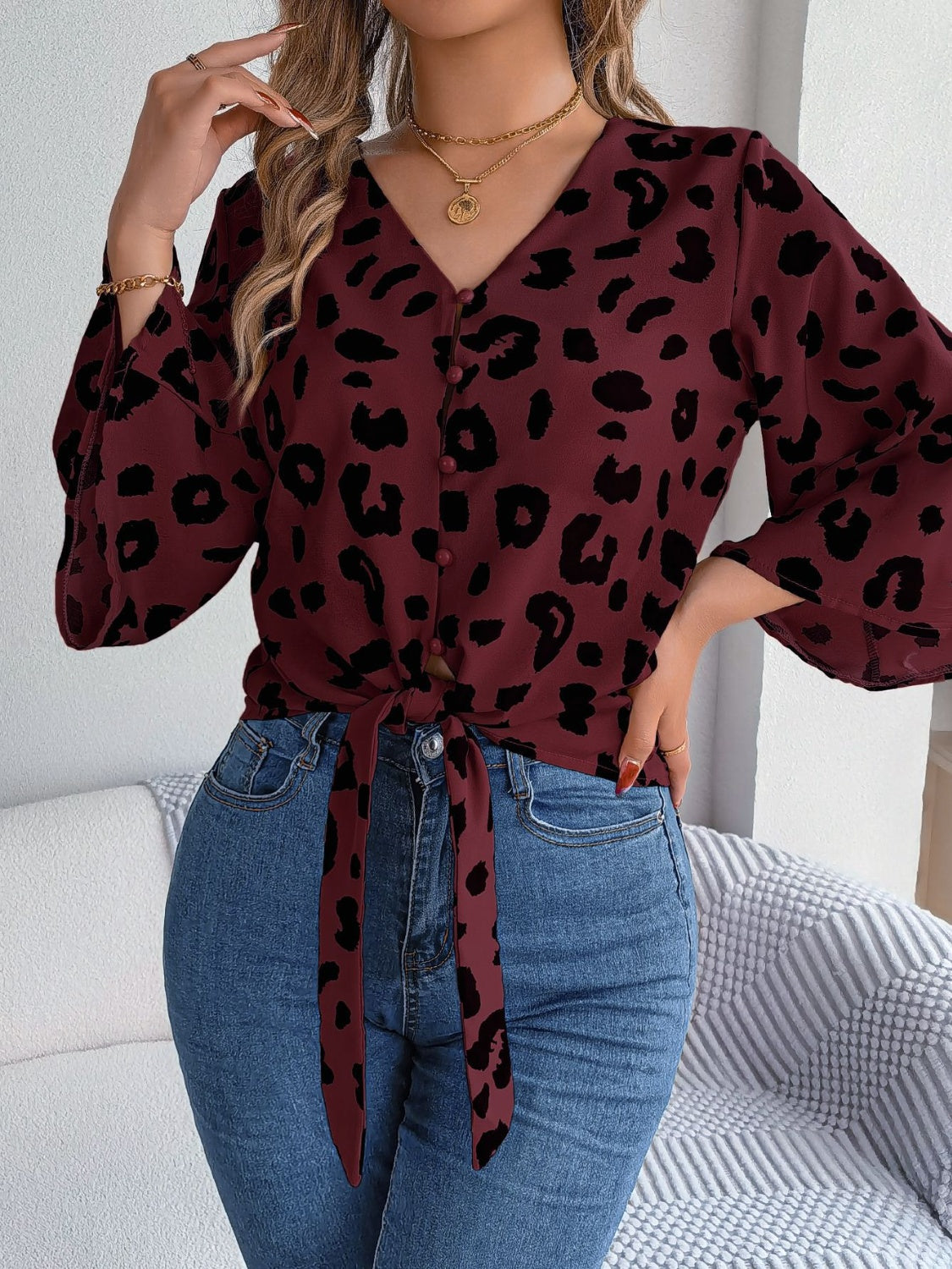 Tied Button Up Leopard V-Neck Blouse