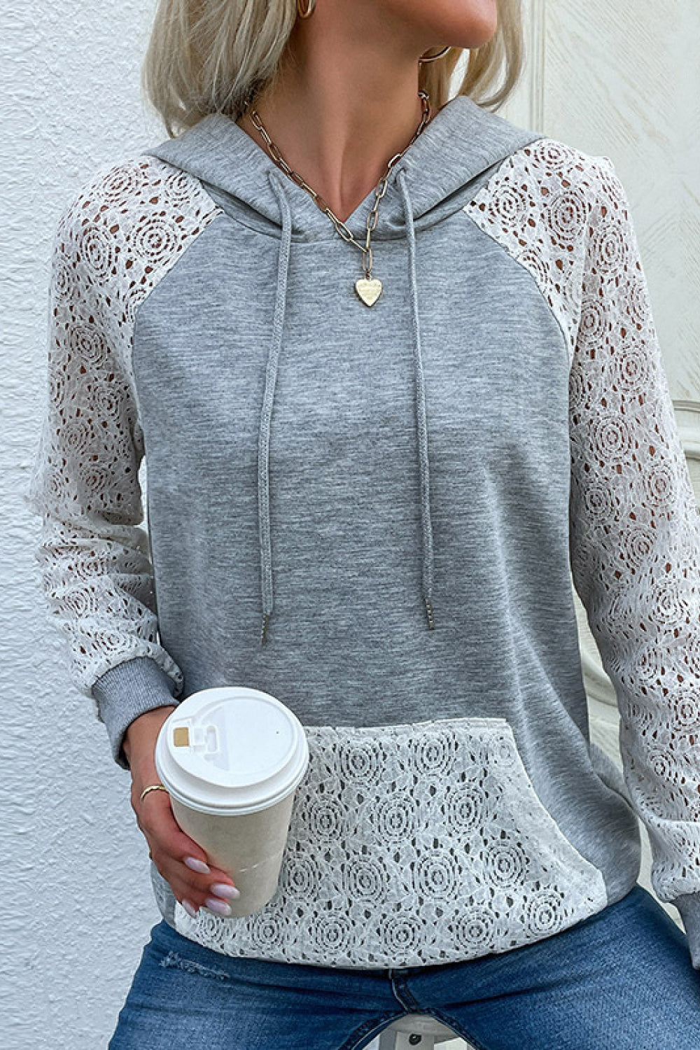 Lace Raglan Sleeve Drawstring Hoodie