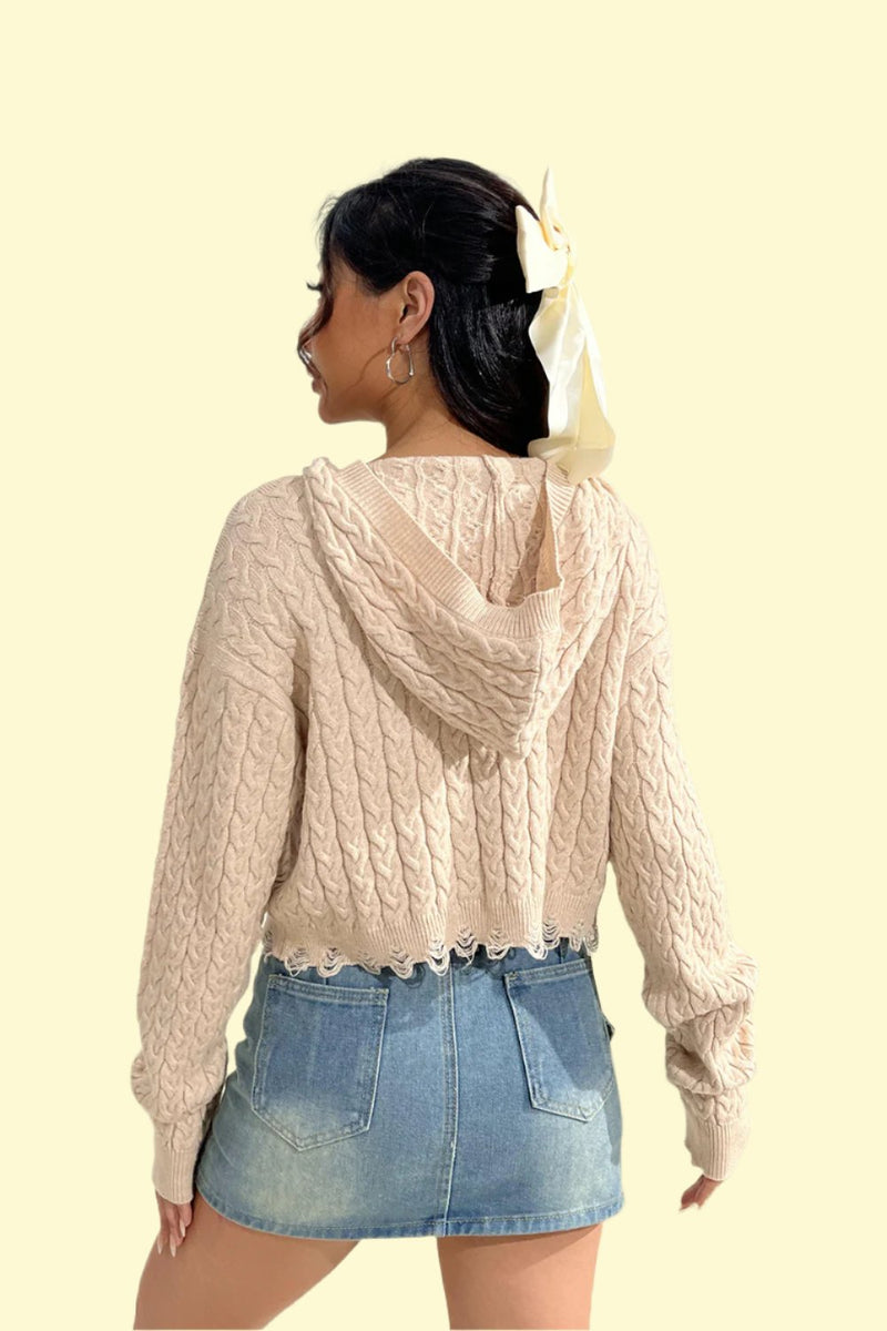 Cable-Knit Dropped Shoulder Hooded Sweater