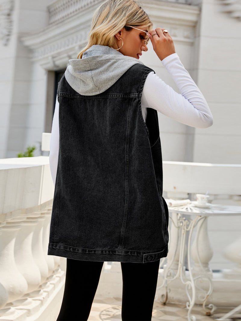 Drawstring Pocketed Button Up Sleeveless Denim Jacket