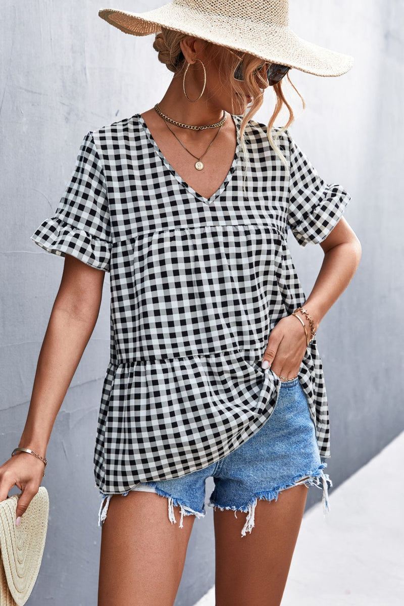 Plaid V-Neck Short Sleeve Blouse