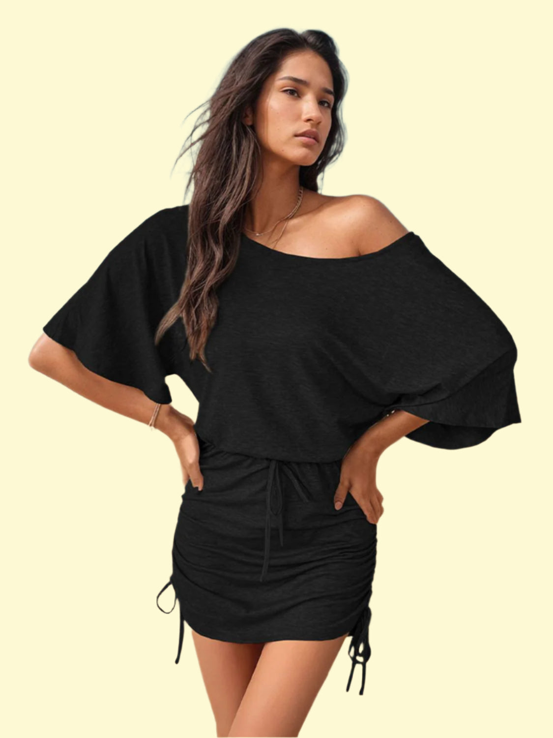 Adjustable Drawstring Mini Dress in Black